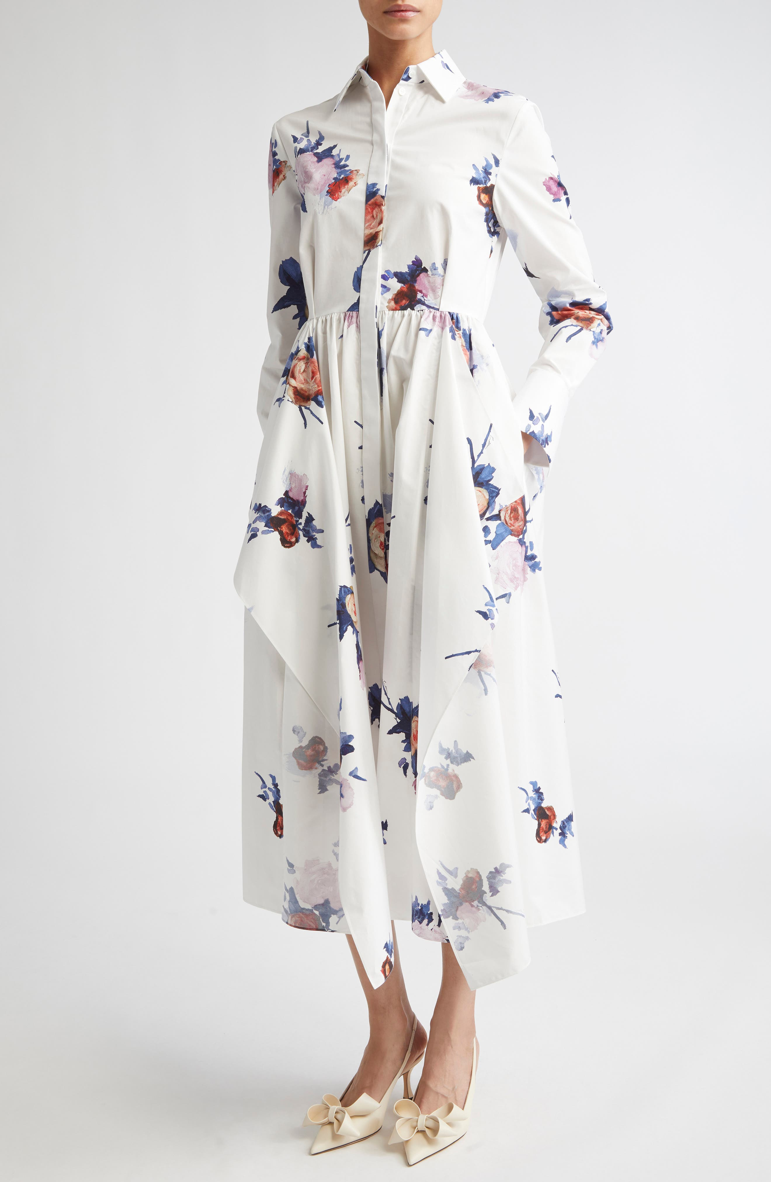 Erdem Long Sleeve Organic Cotton Poplin Shirtdress in Painted Rose Bouquet White at Nordstrom - 1
