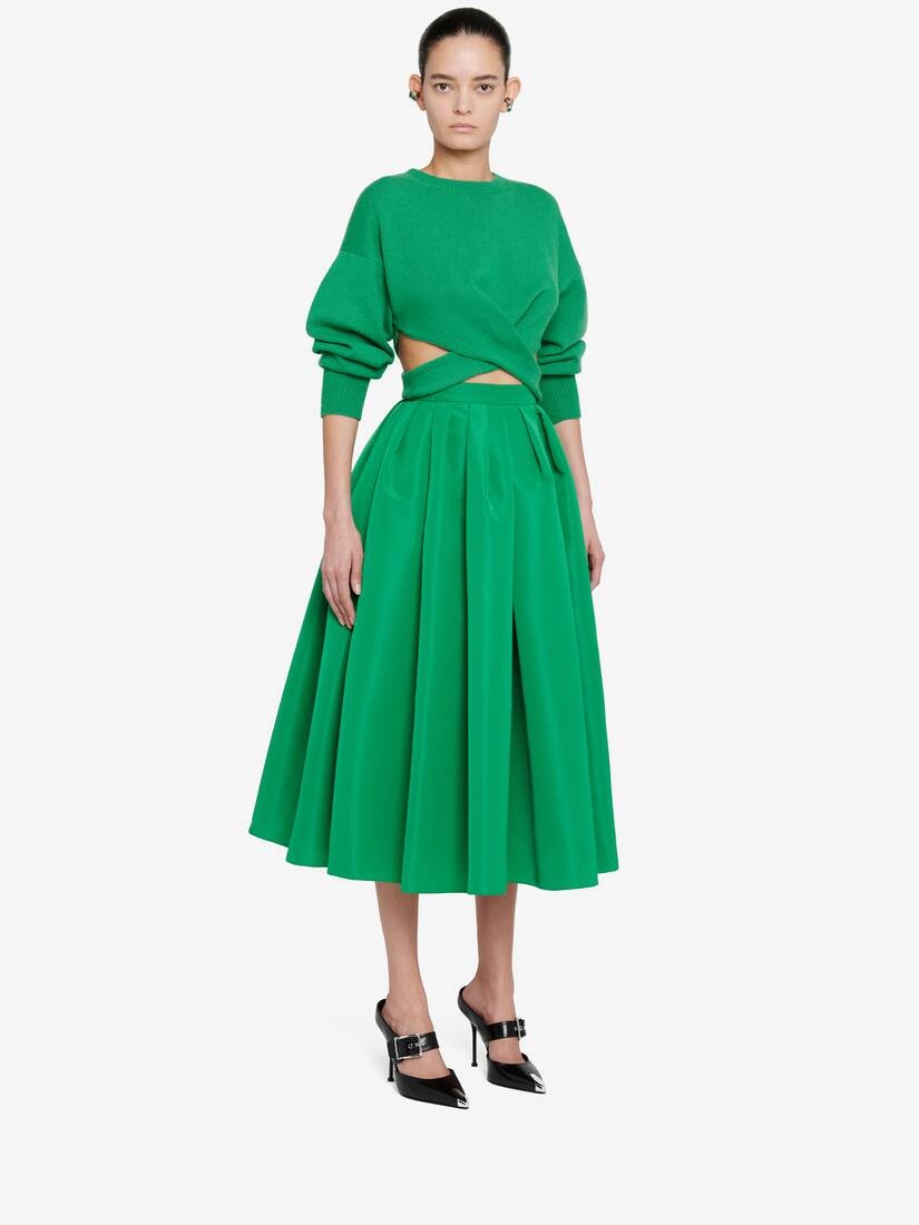 Women's Gathered Midi Skirt in Bright Green - 3