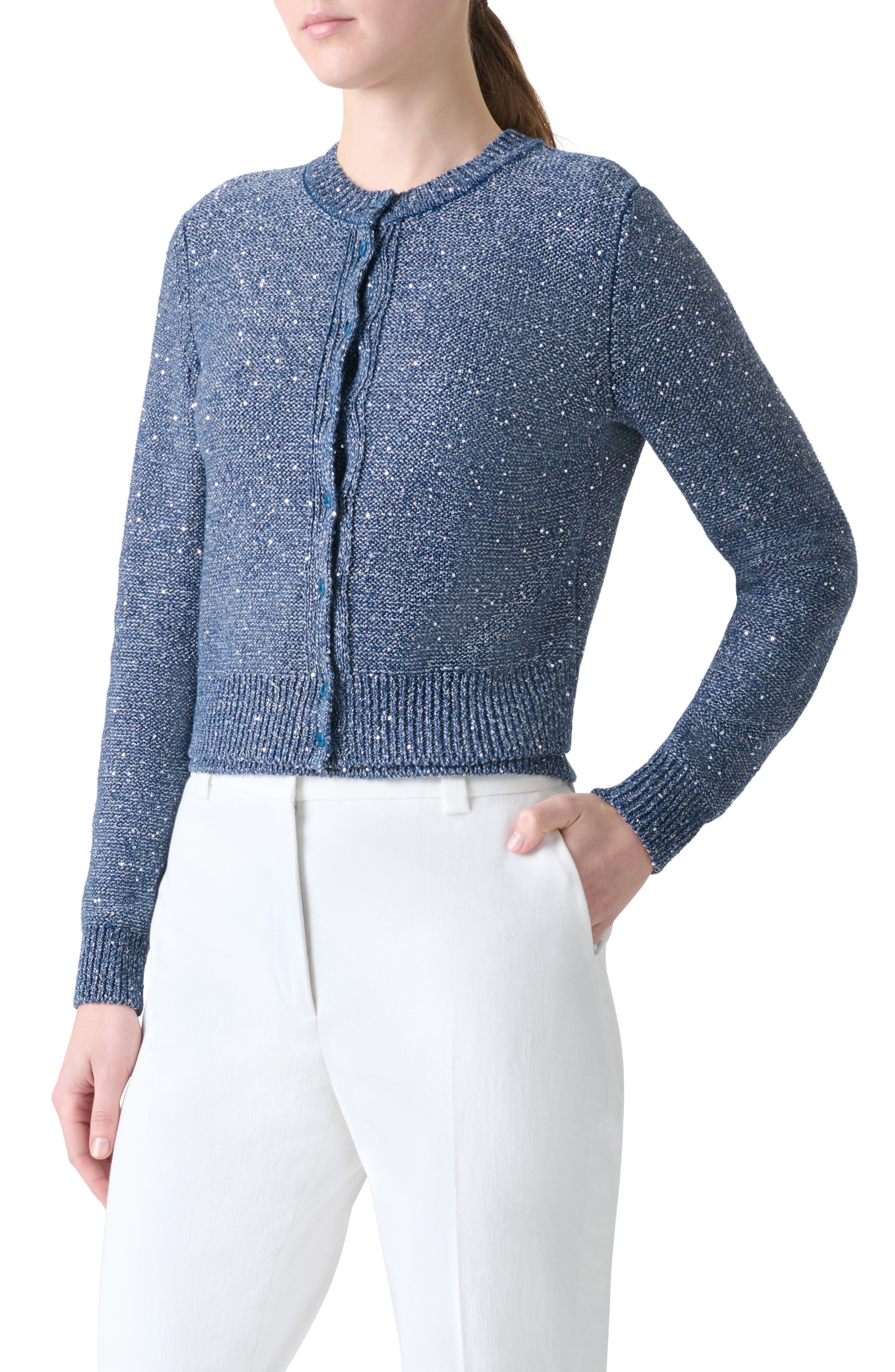 Akris Sequin Knit Linen Blend Cardigan in Granite Blue at Nordstrom - 2