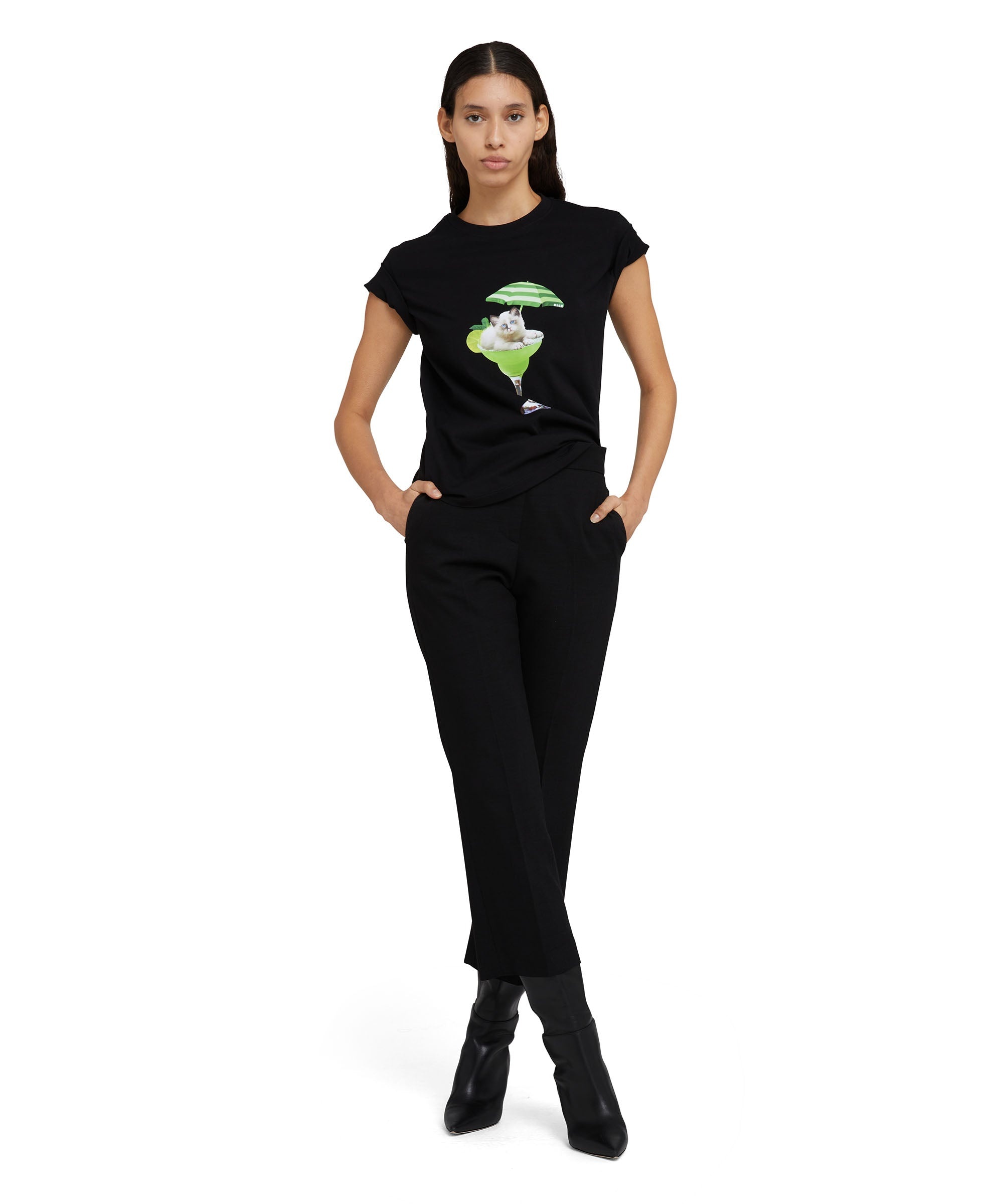 Cotton crewneck t-shirt with "cocktail cat" graphic - 5