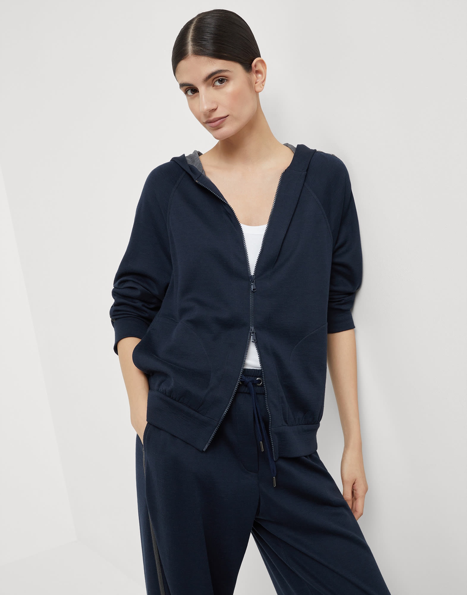 Cotton and silk interlock hooded sweatshirt with precious stripe - 4
