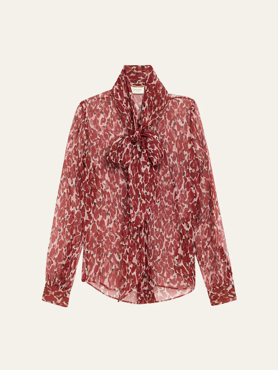 Semi-Sheer Printed Tie Neck Blouse - 1