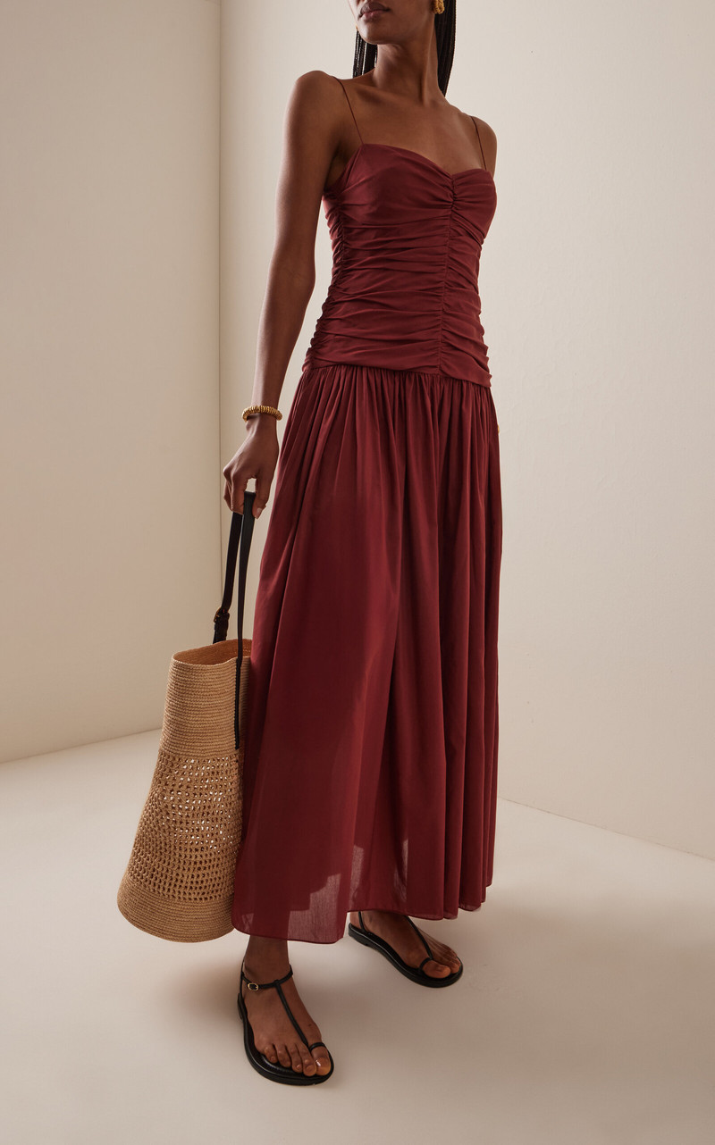 MATTEAU Gathered Cotton-Silk Drop-Waist Maxi Dress burgundy outlook