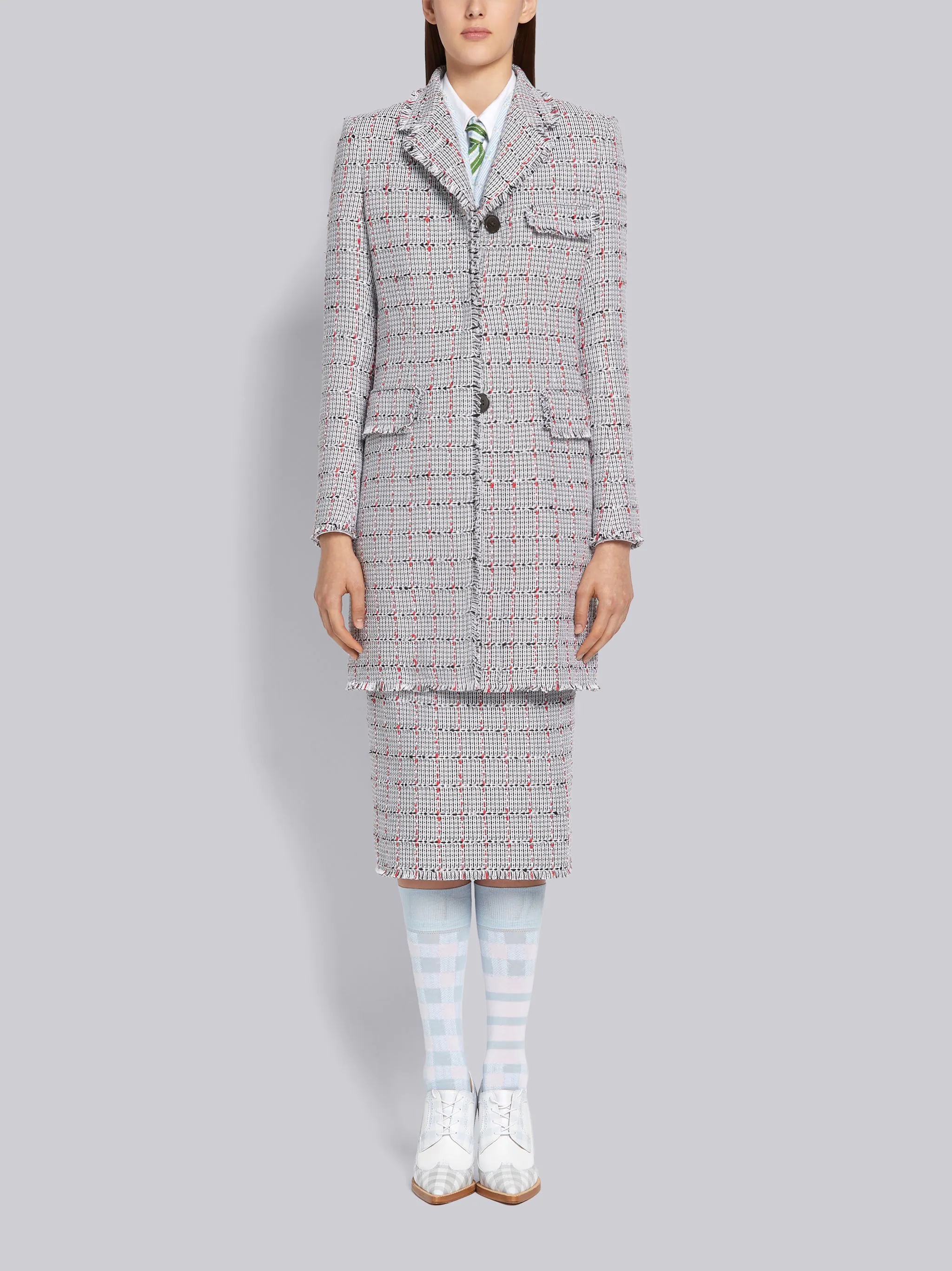 Medium Grey Cotton Windowpane University Check Tweed Frayed High Armhole Chesterfield Overcoat - 1