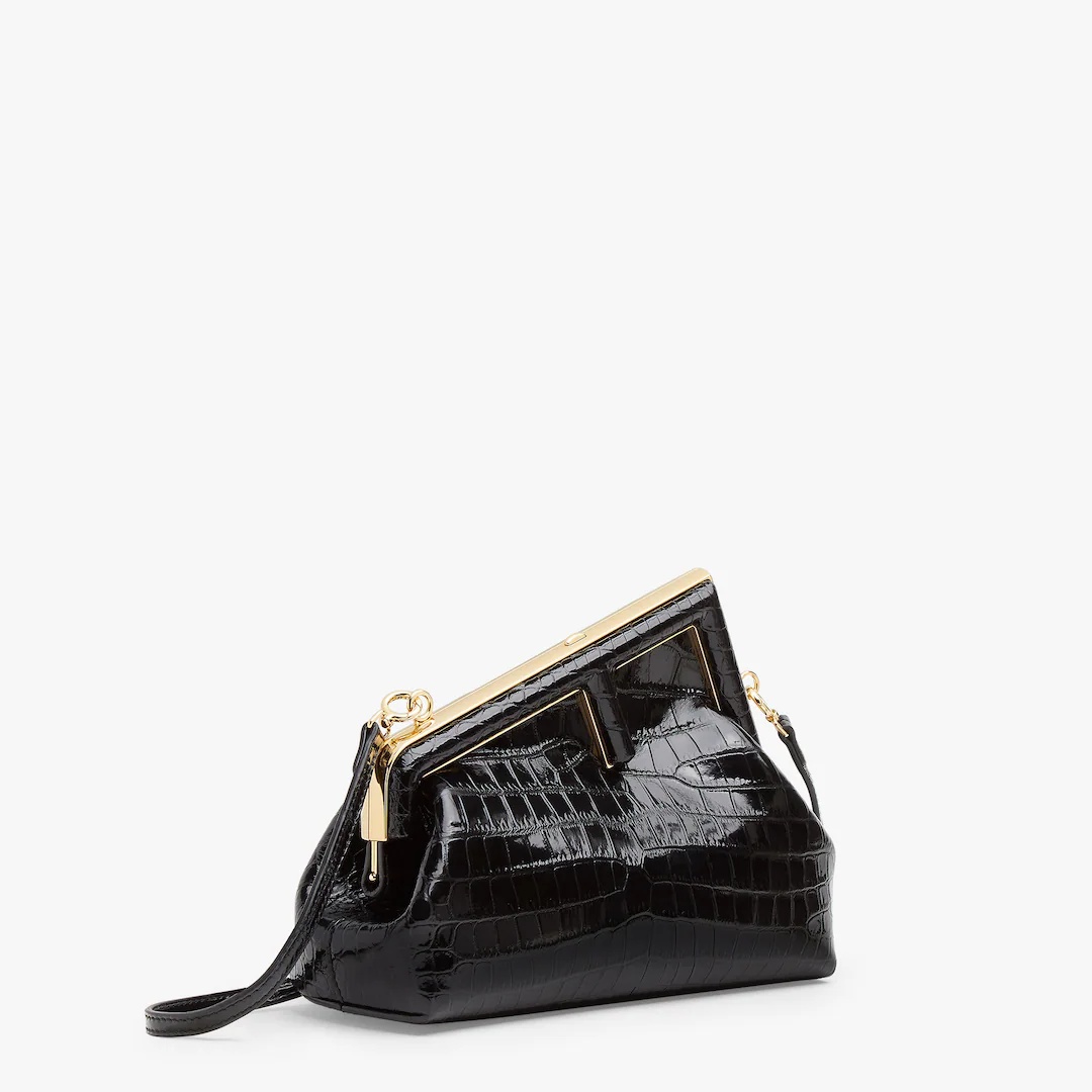 Small Fendi First bag made of exquisite black crocodile leather with a glossy finish. Oversized meta - 2