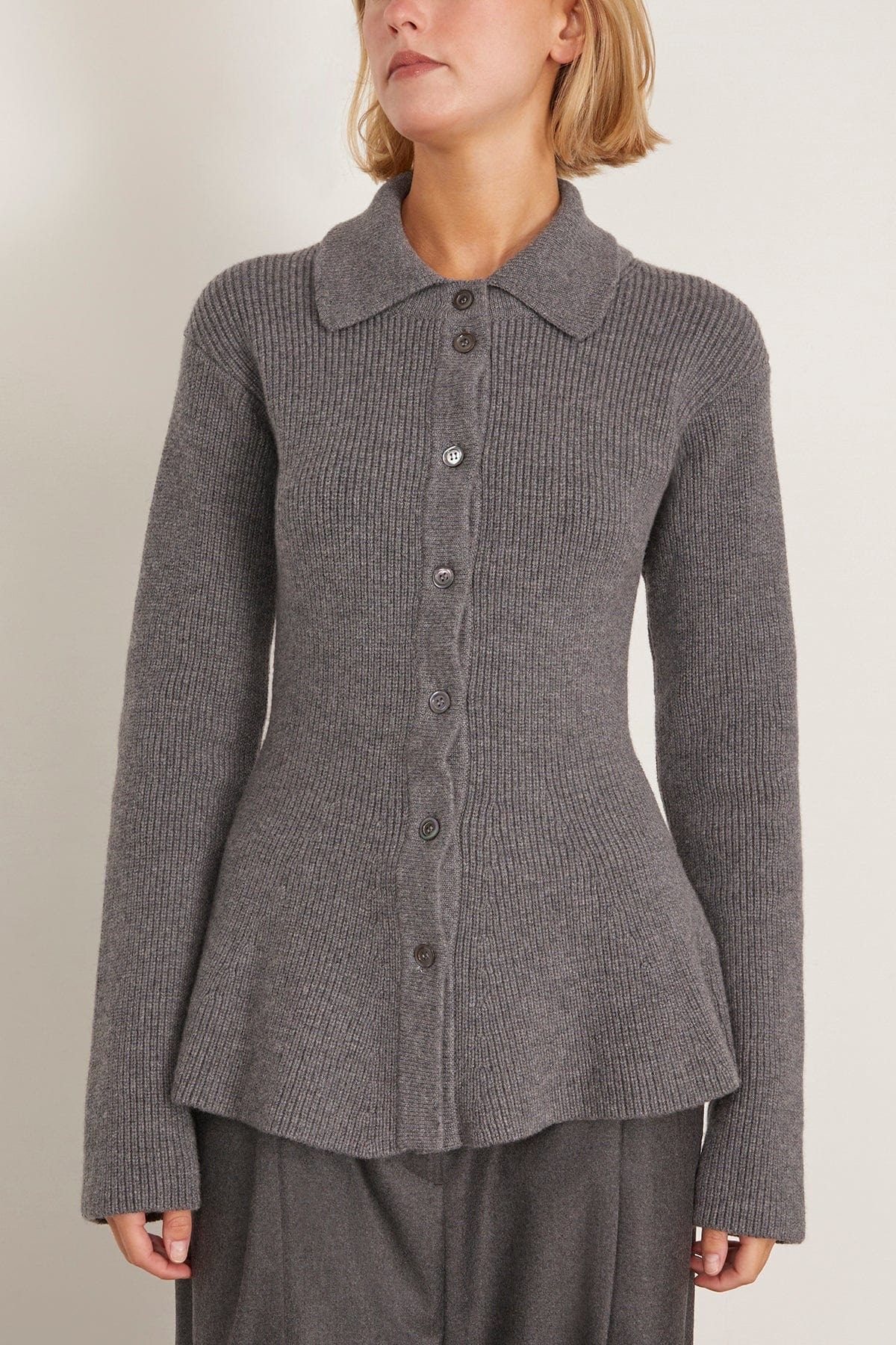 Waisted Rib Cardigan in Dark Grey Melange - 3