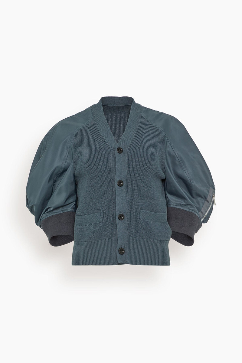 Nylon Twill and Knit Cardigan in Blue Gray 1
