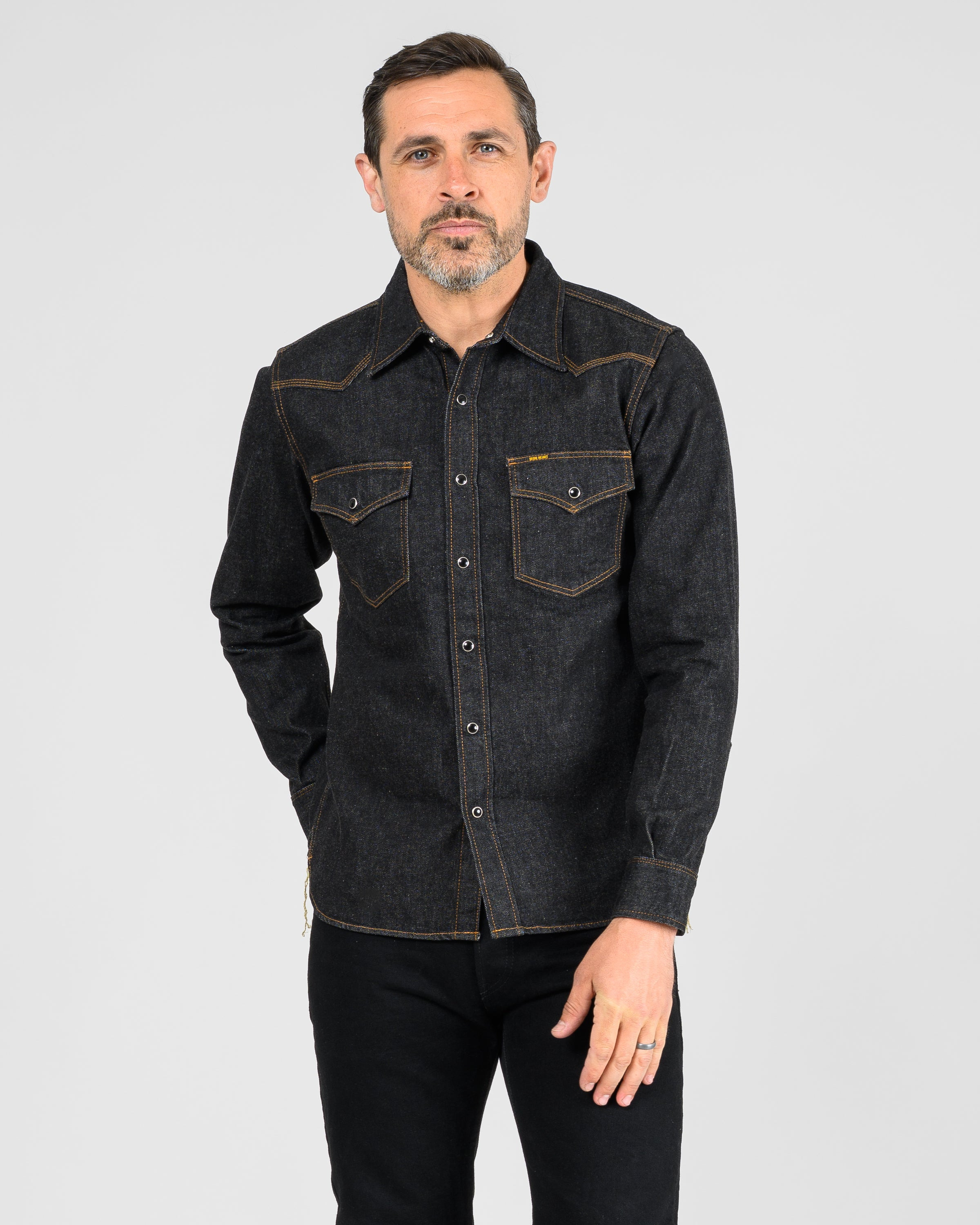 IHSH-33-BLK 12oz Selvedge Denim Western Shirt - Black - 2