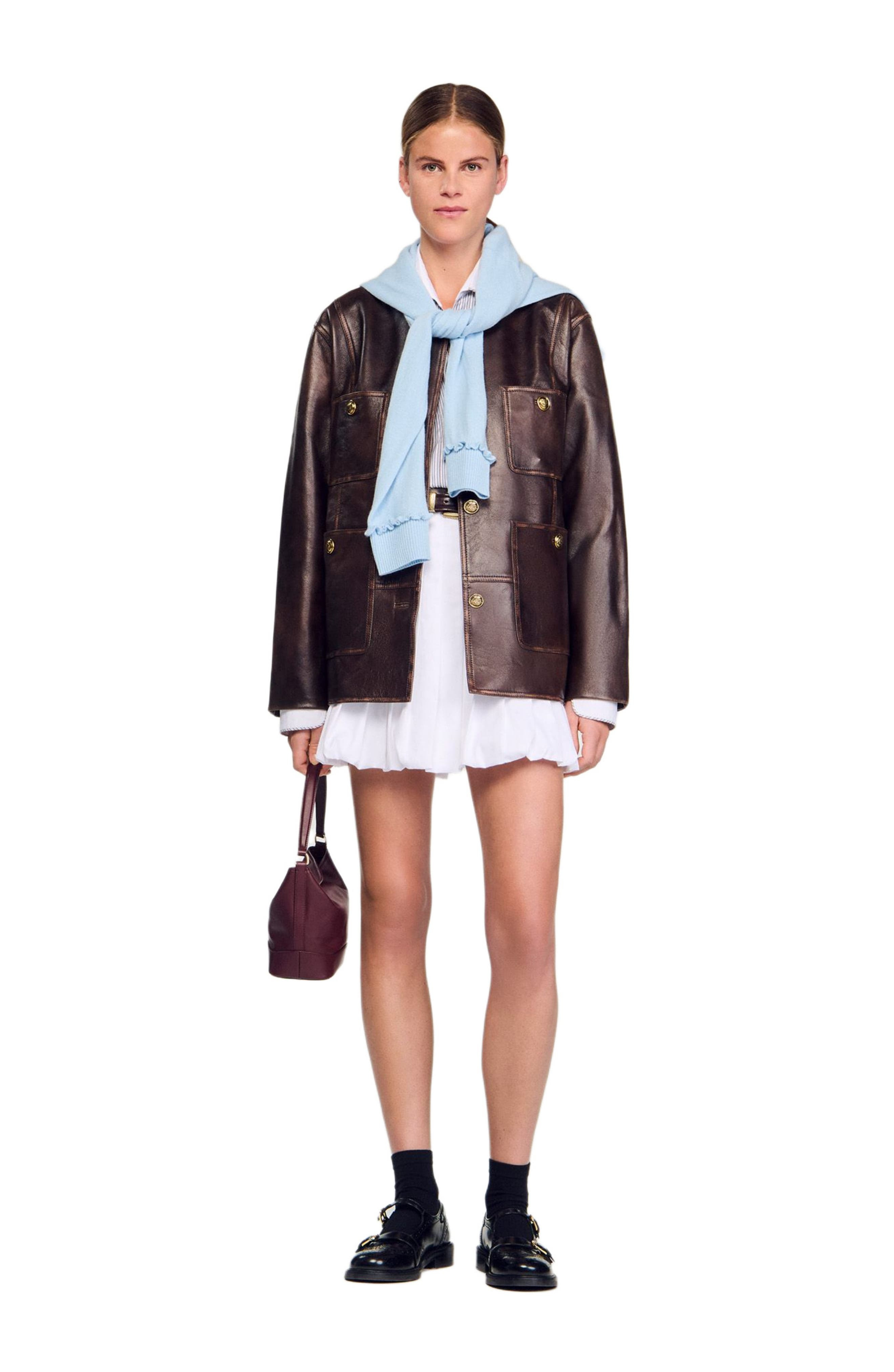 SANDRO Long distressed leather jacket in Black Brown at Nordstrom - 7