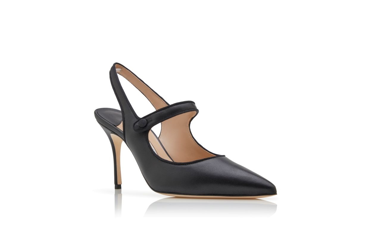 Black Nappa Leather Pointed Toe Slingback Pumps - 3