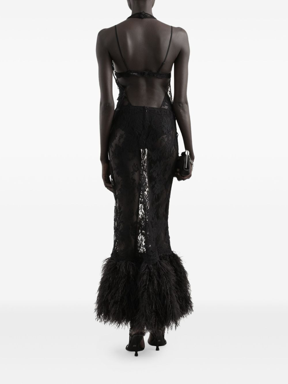 feather-trimmed lace dress - 3