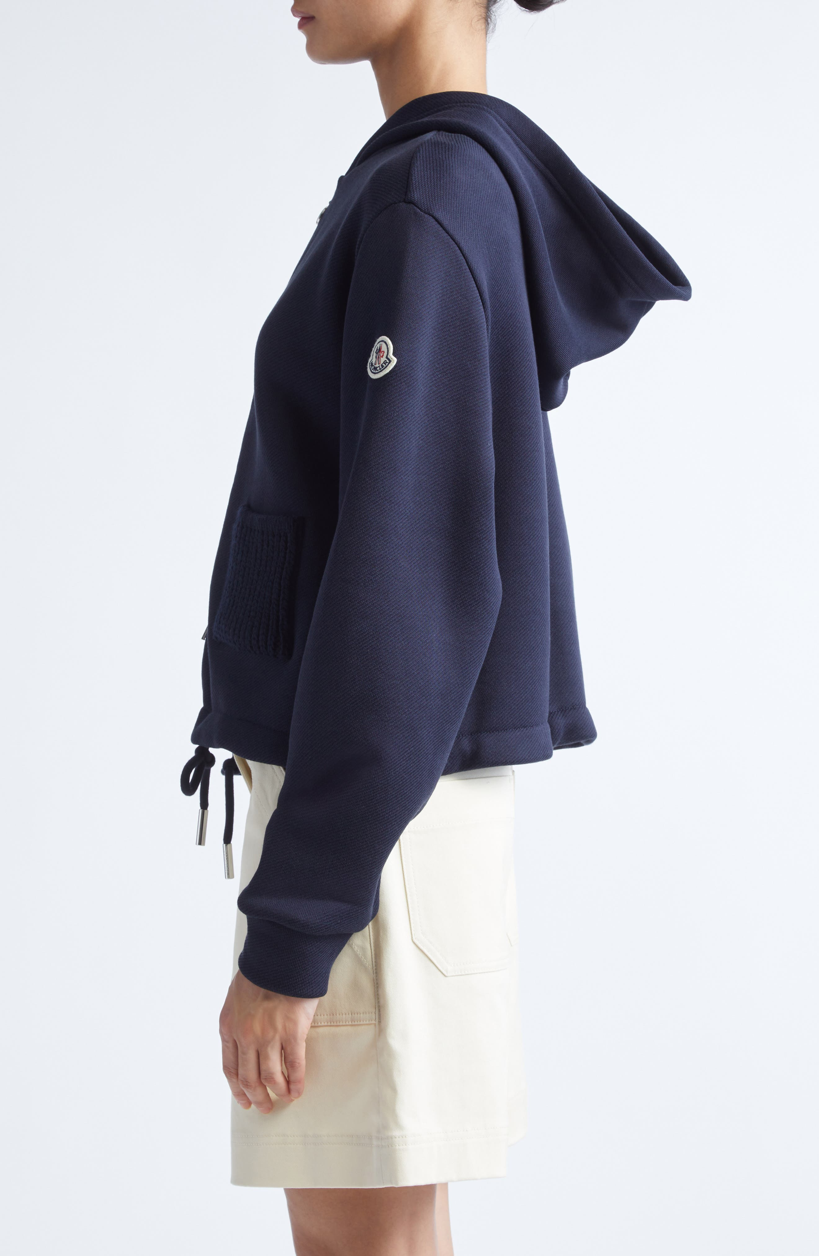 Moncler Knit Accent Cotton Blend Zip Hoodie in Dark Navy Blue at Nordstrom - 4