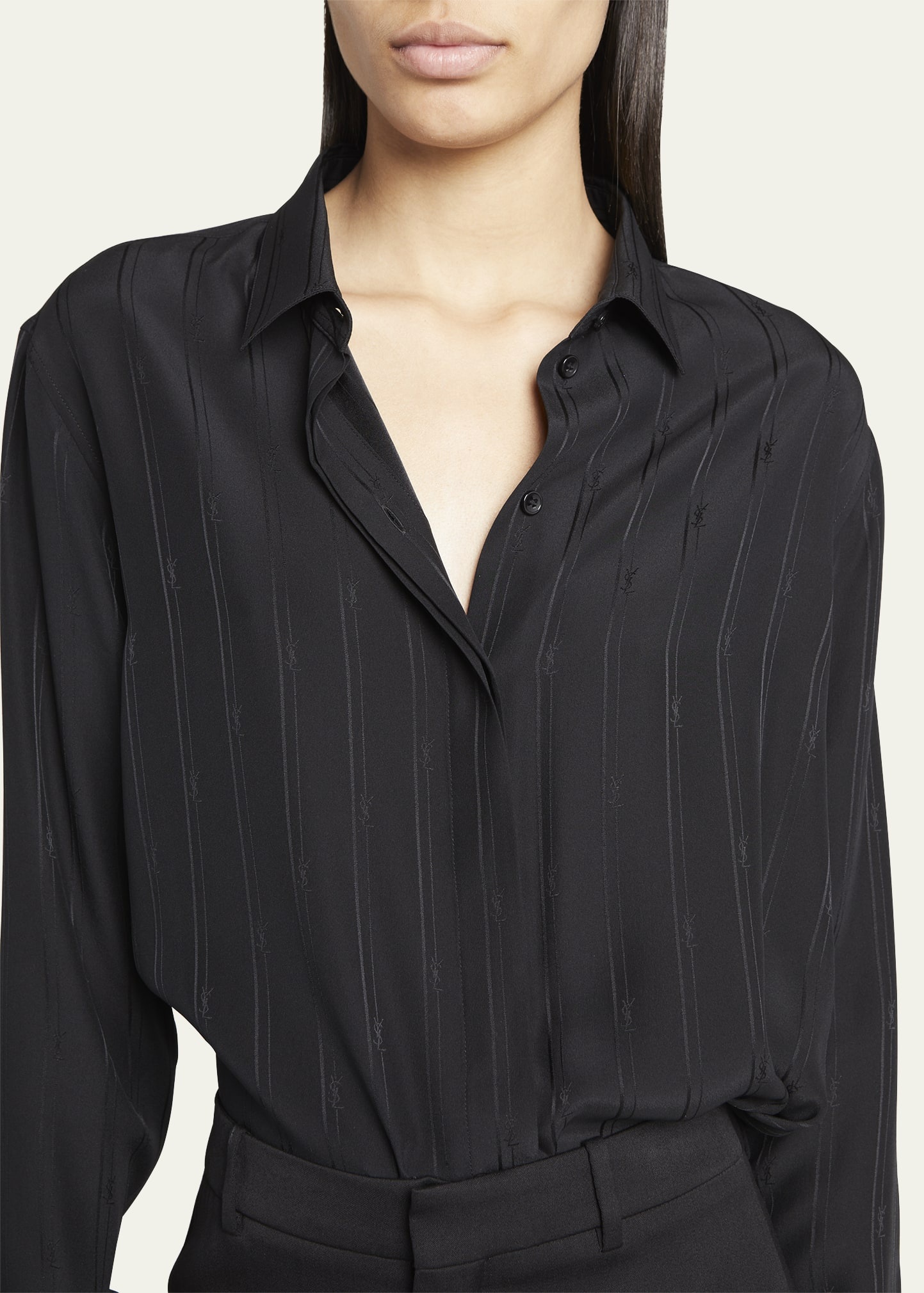 Silk Button-Front Shirt with Logo Stripes - 5