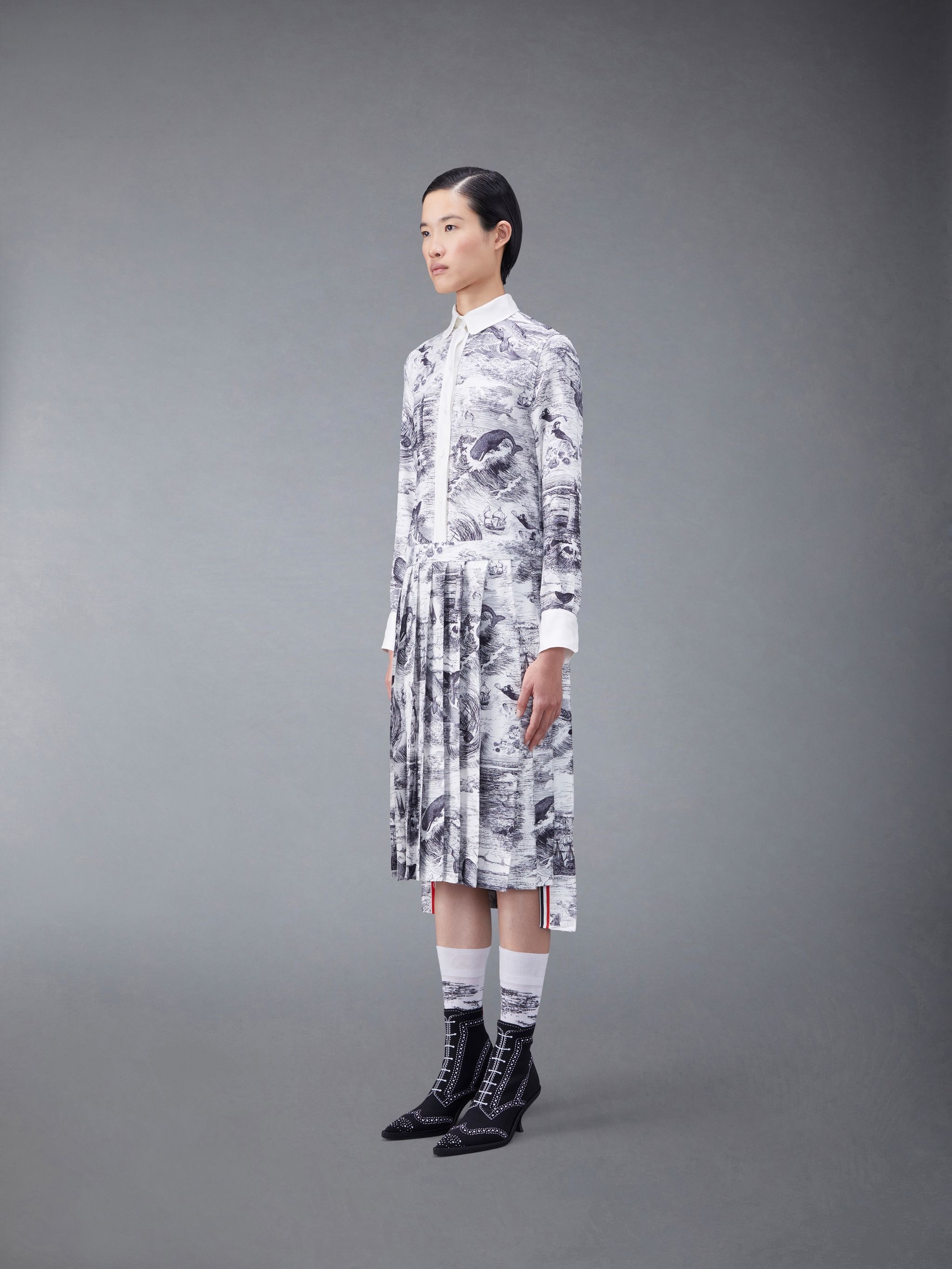Nautical Silk Twill Toile Pleated Bottom Round Collar Shirtdress - 2