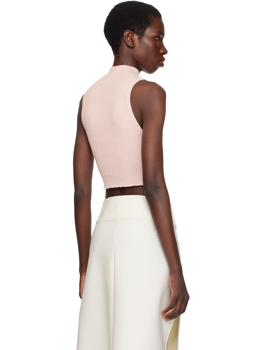 Pink Mockneck Light Rib Cropped Tank Top - 3