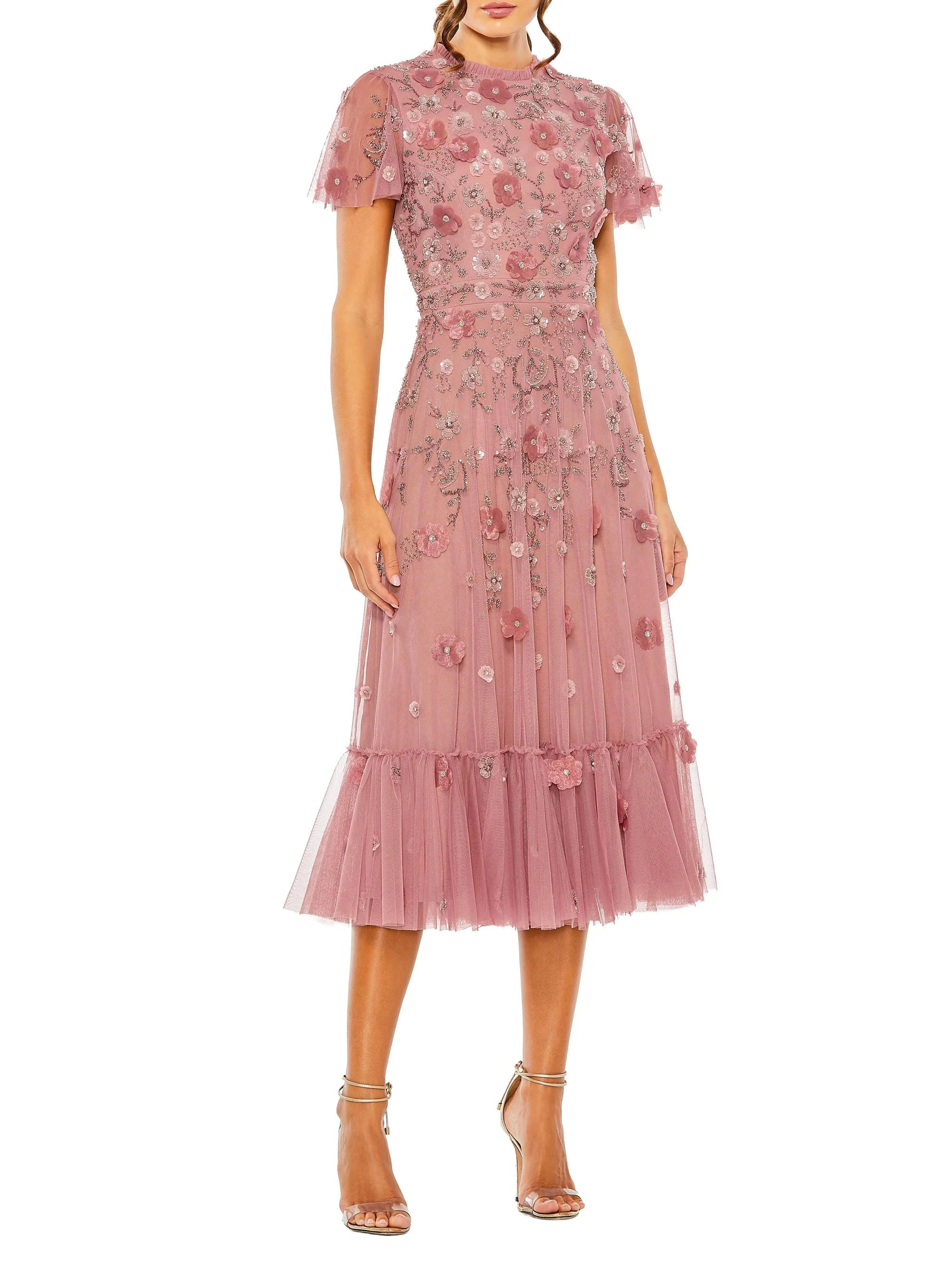 Women's Sequined Floral Tulle Midi-Dress - Berry - 1