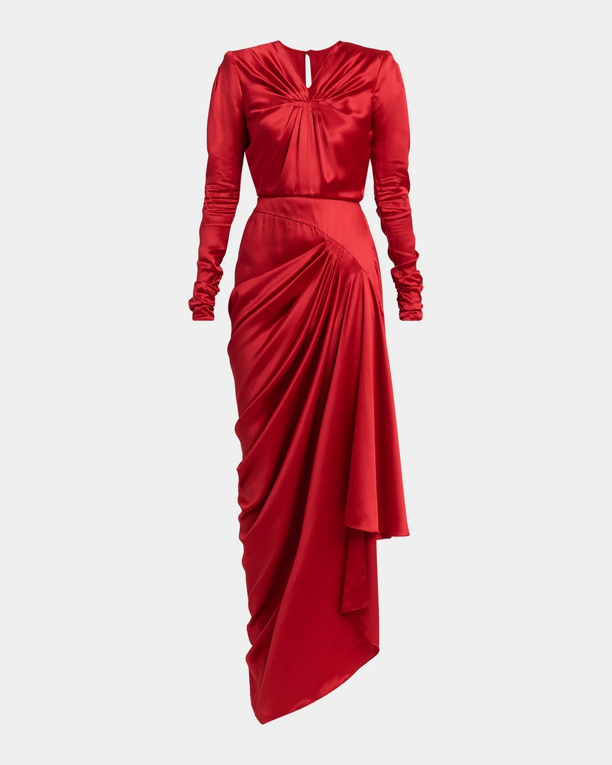 Asymmetric Draped Satin Long-Sleeve Gown - 1