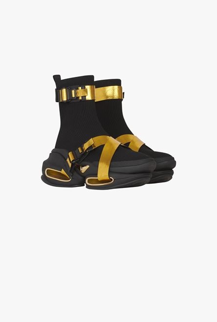 Black and gold knit B-Bold high-top sneakers with straps - 2