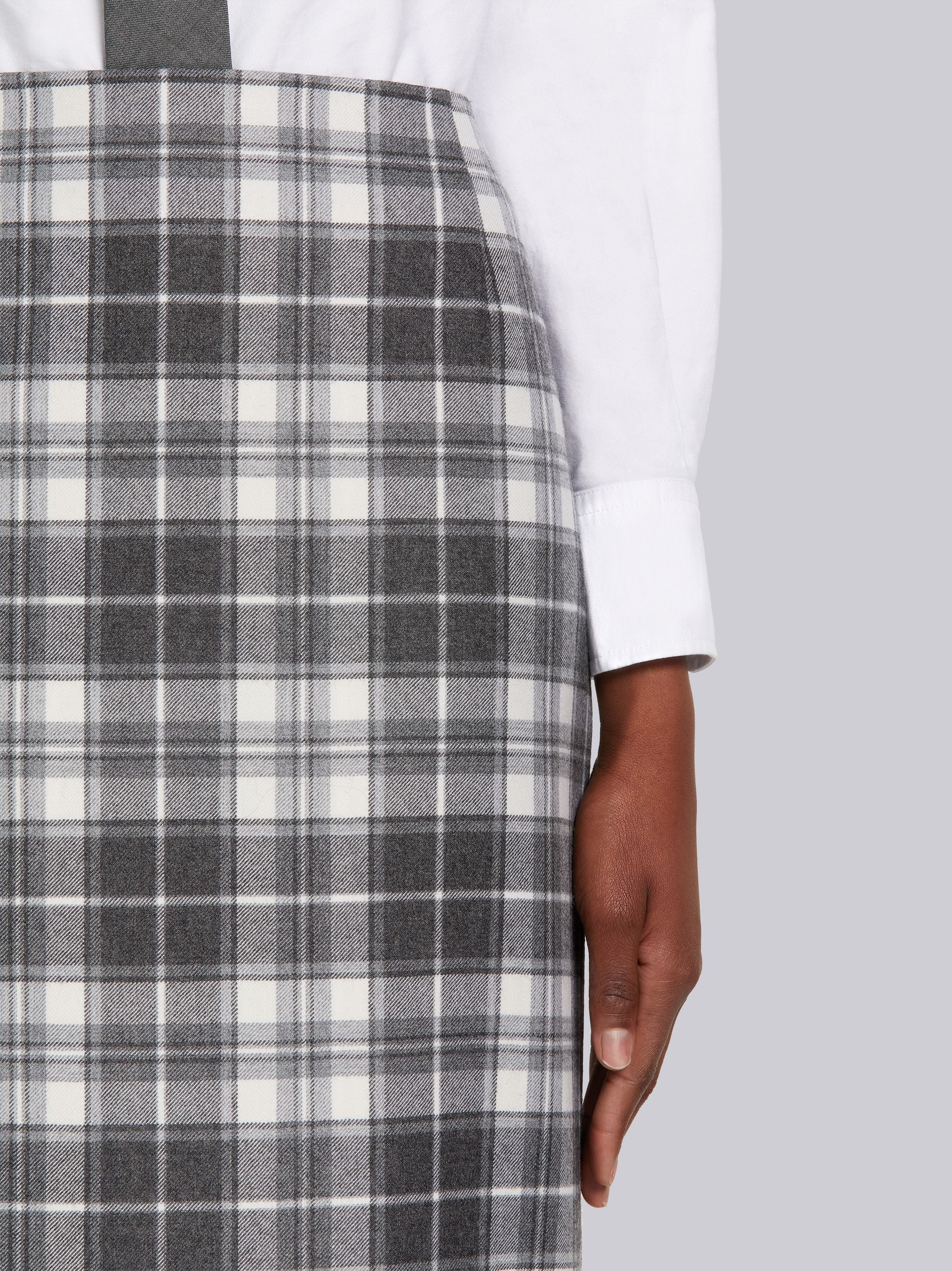 Medium Grey Tartan Check Wool Flannel Suiting Grosgrain Tipping Low-rise Knee-length Pencil Skirt - 4