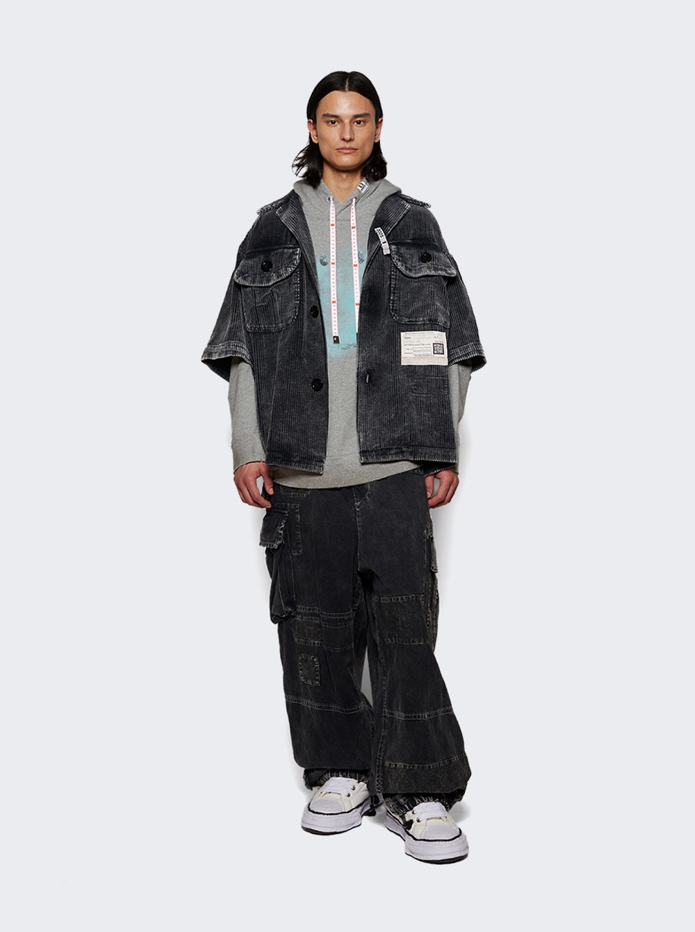 Smily Face Printed Distressed Hoodie Grey - 5