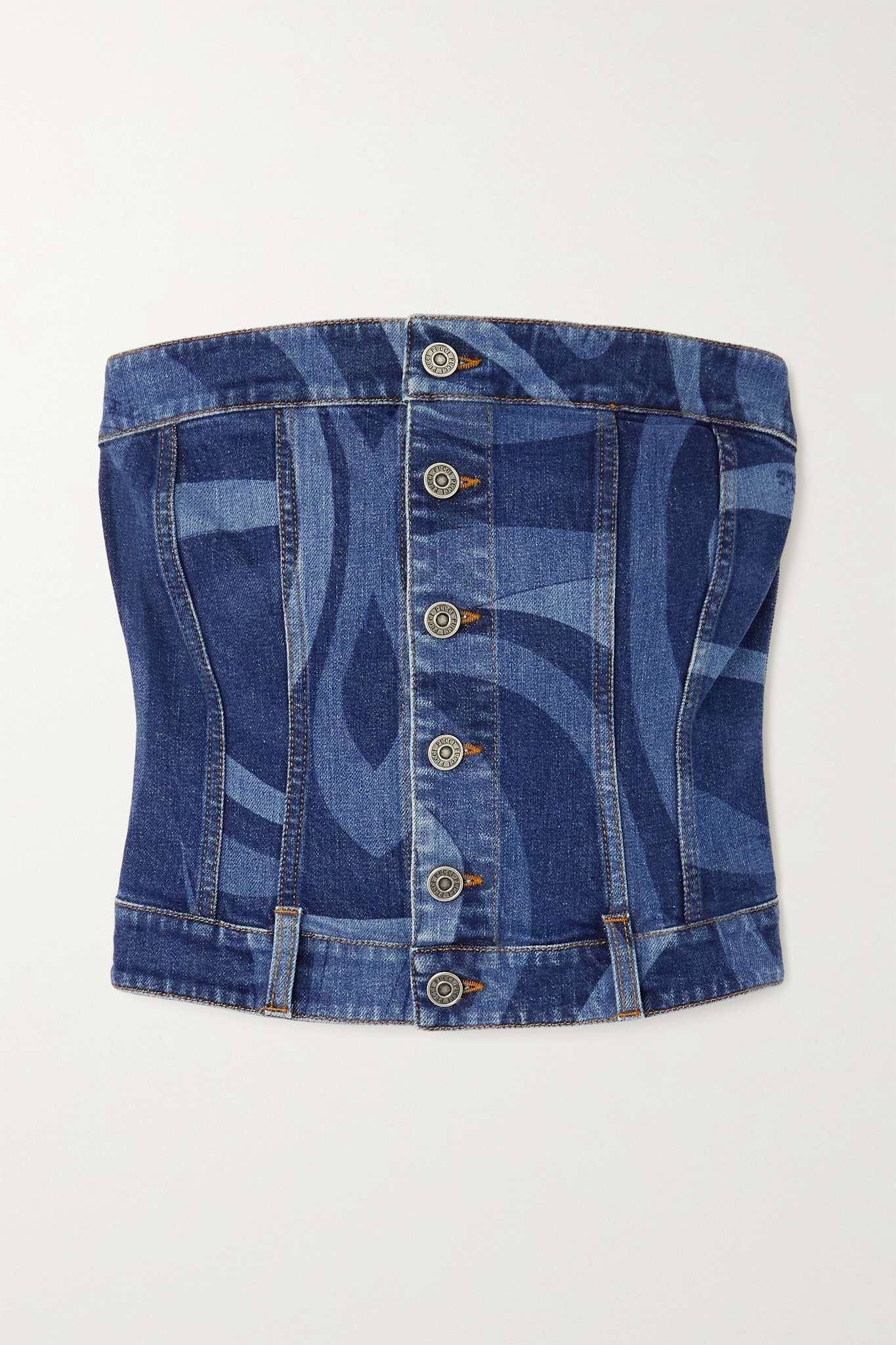 Printed stretch-denim bustier top - 1