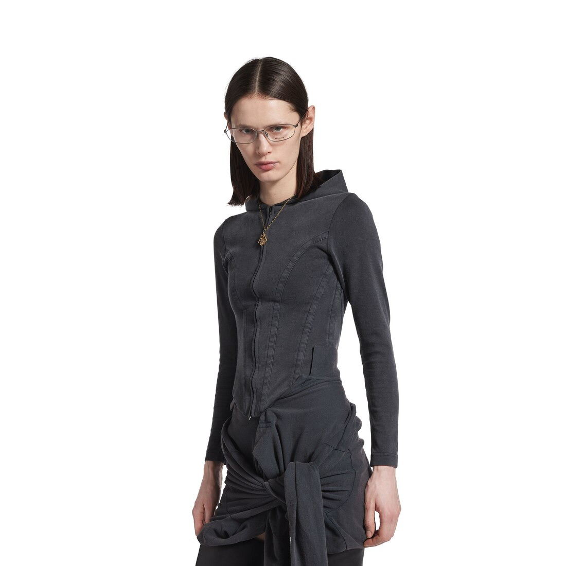 Women's Corseted Zip-up Hoodie in Black Faded - 5