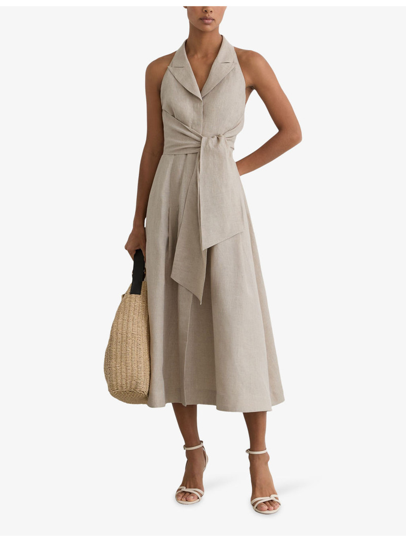 REISS Tara Petite Tie-Waist Tailored Linen Midi Dress outlook