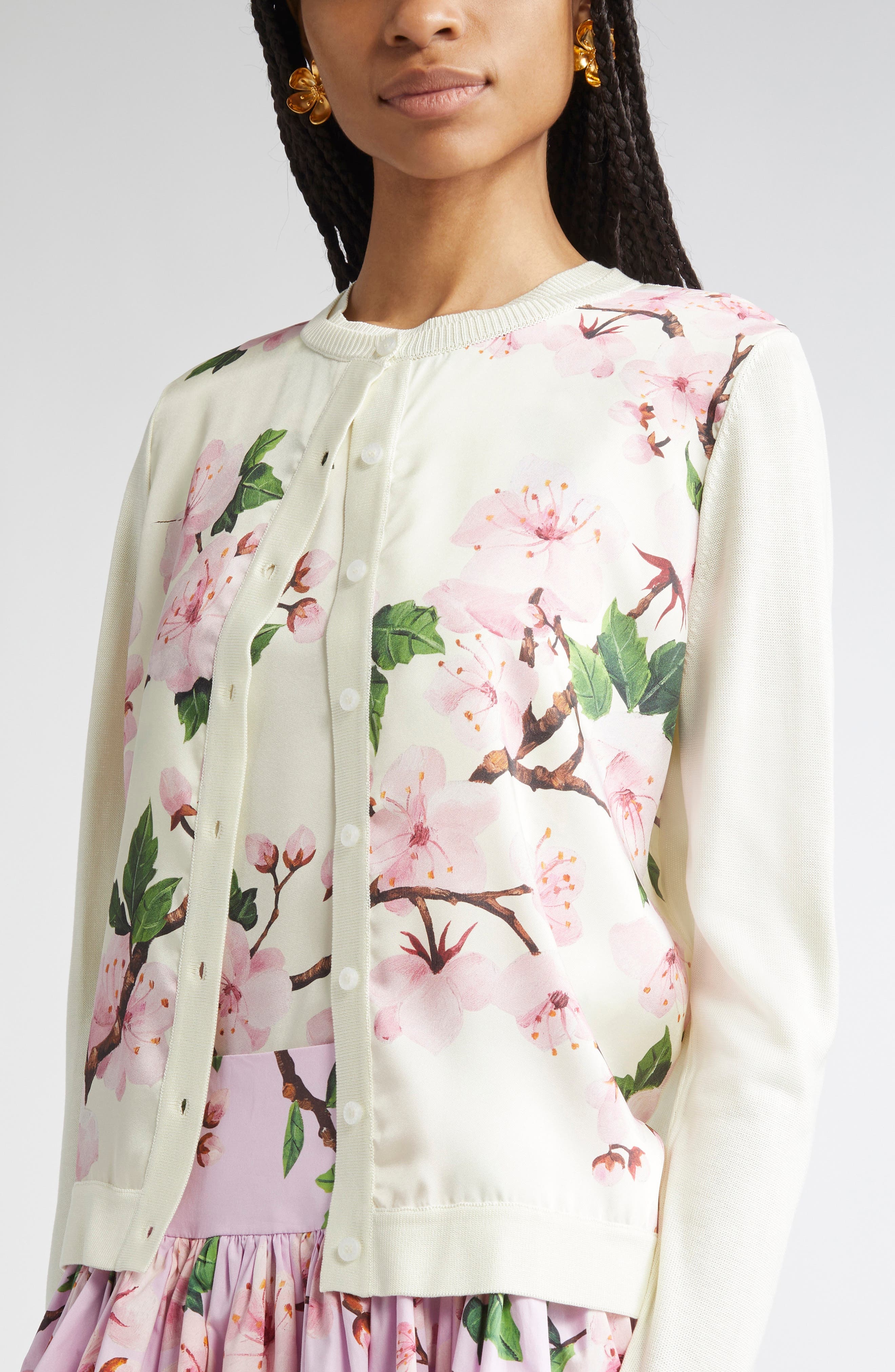Oscar de la Renta Cherry Blossom Inset Cardigan in Pink/Ecru at Nordstrom - 5