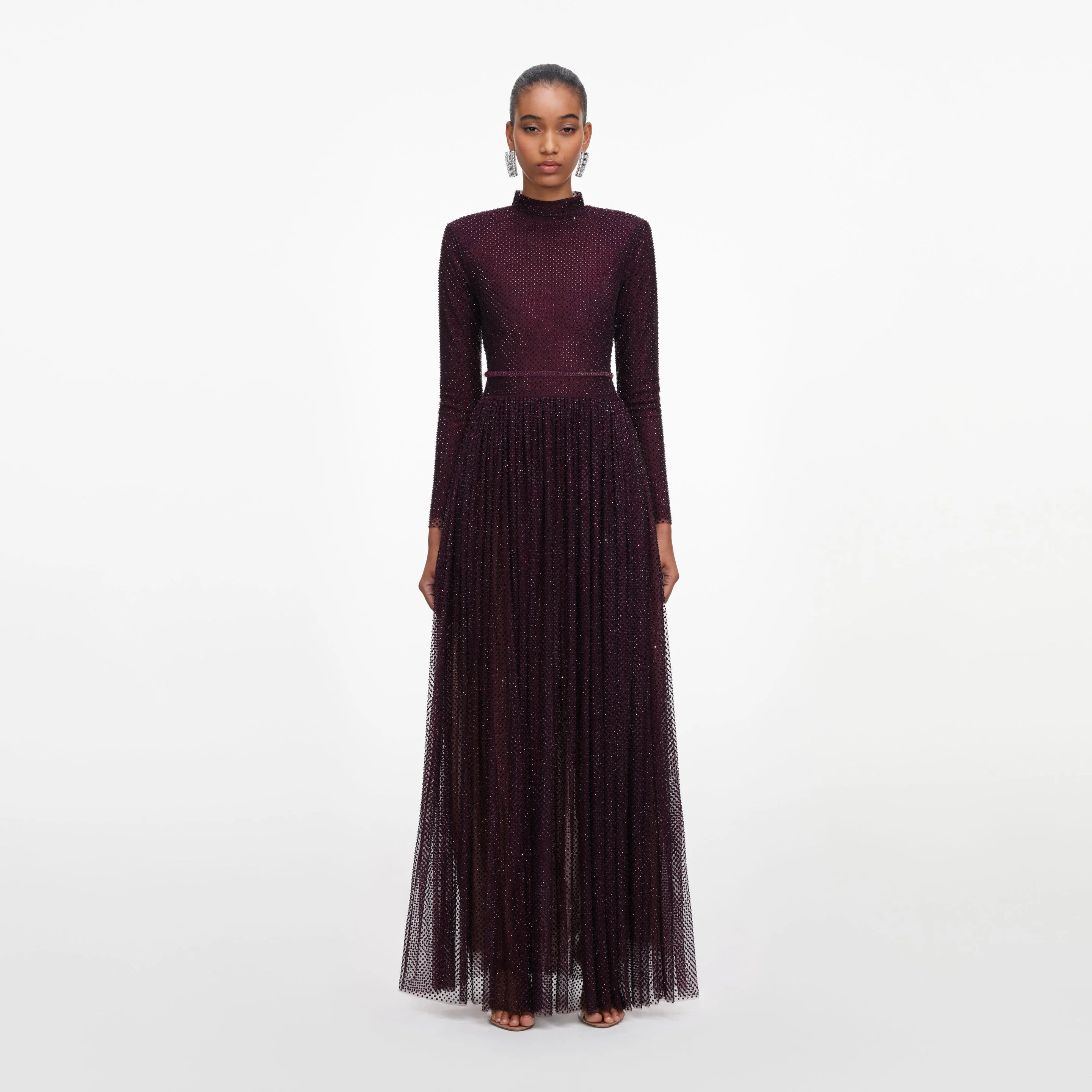 Burgundy Rhinestone Long Sleeve Maxi Dress - 1