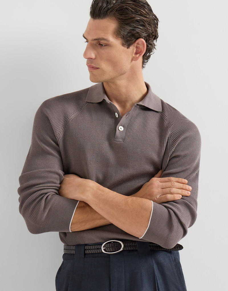 Cotton English rib knit polo with long raglan sleeves 5