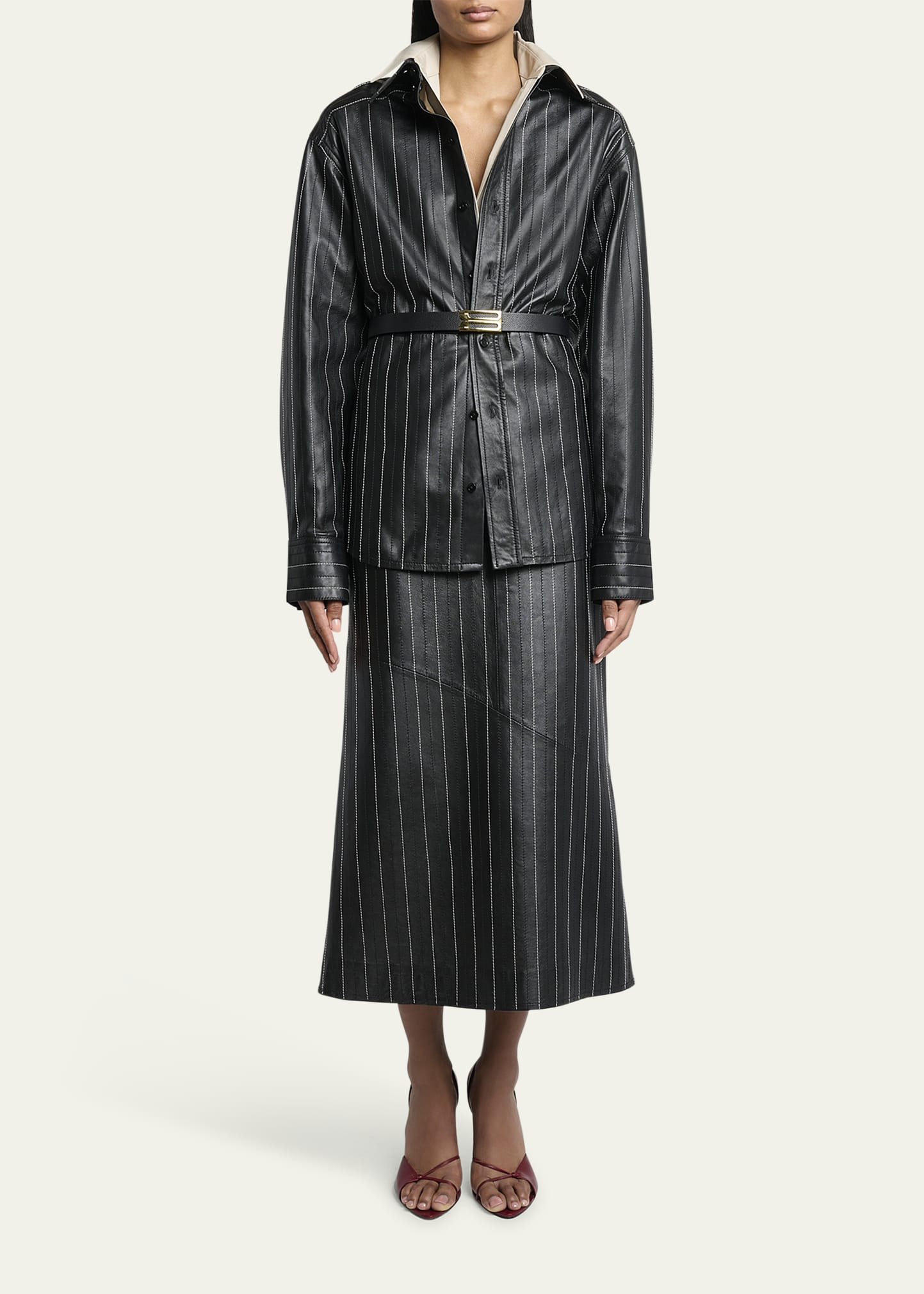 Pinstripe Leather Tab Detail Shirt - 2