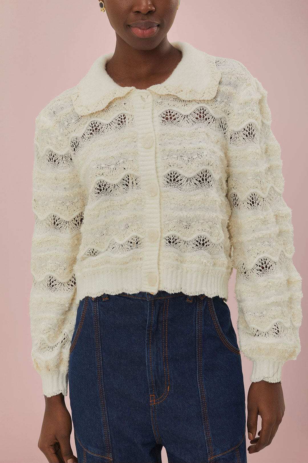 Mixed Stitches Off-White Knit Cardigan - 3
