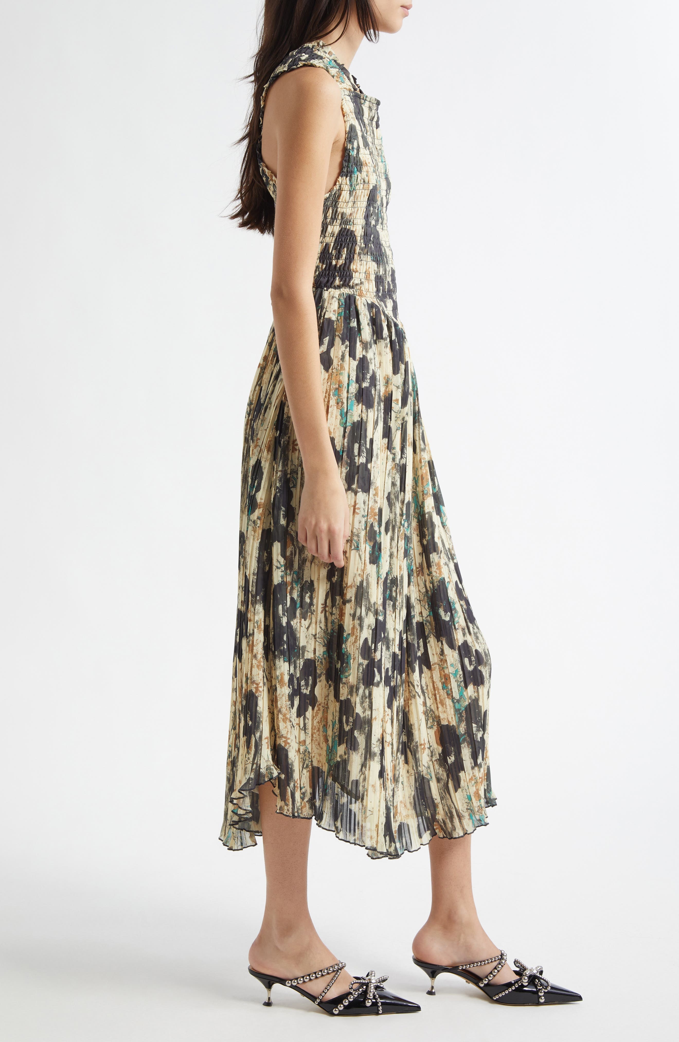 Ganni Floral Print Smocked & Pleated Midi Dress in Afterglow at Nordstrom - 3