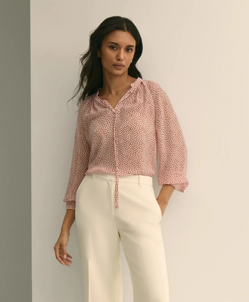 Silk Georgette Heart-Motif Peasant Blouse - 1
