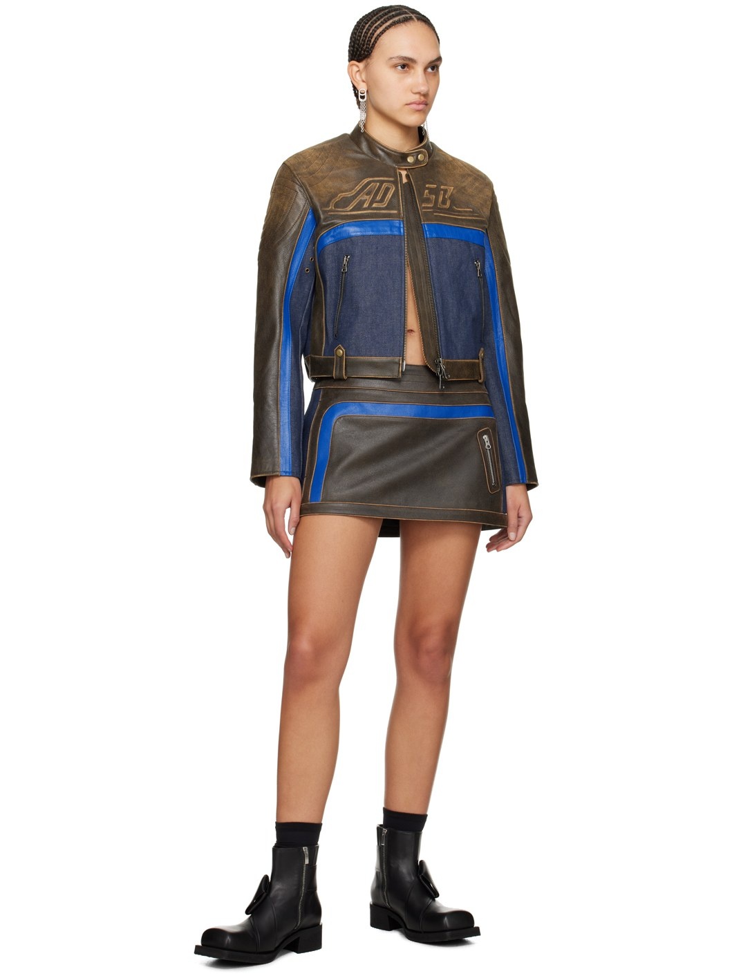 Brown & Blue Racing Leather & Denim Miniskirt - 4