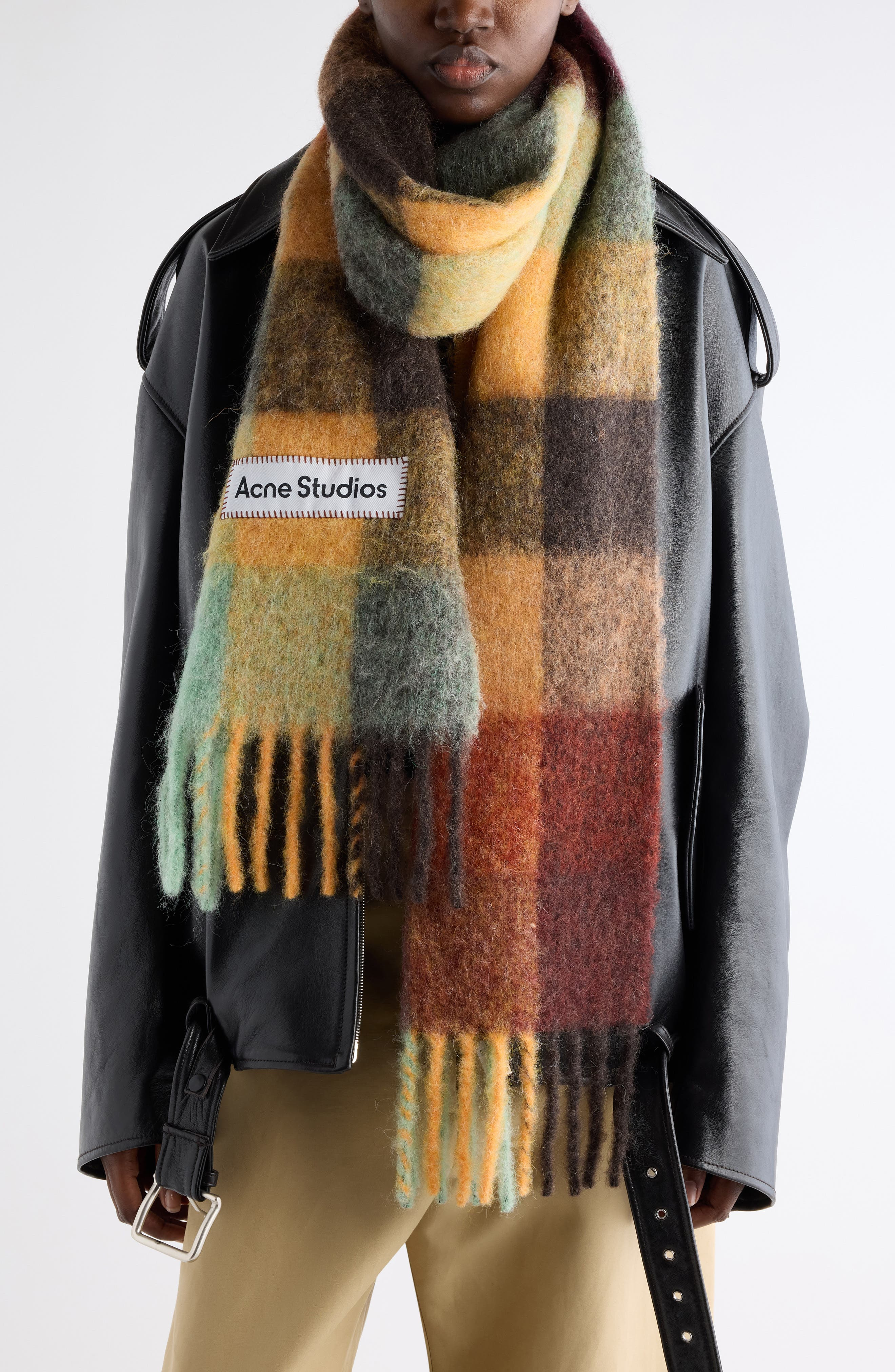 Acne Studios Vally Plaid Alpaca, Wool & Mohair Blend Scarf in Chestnut Brown/Yellow/Green at Nordstr - 2