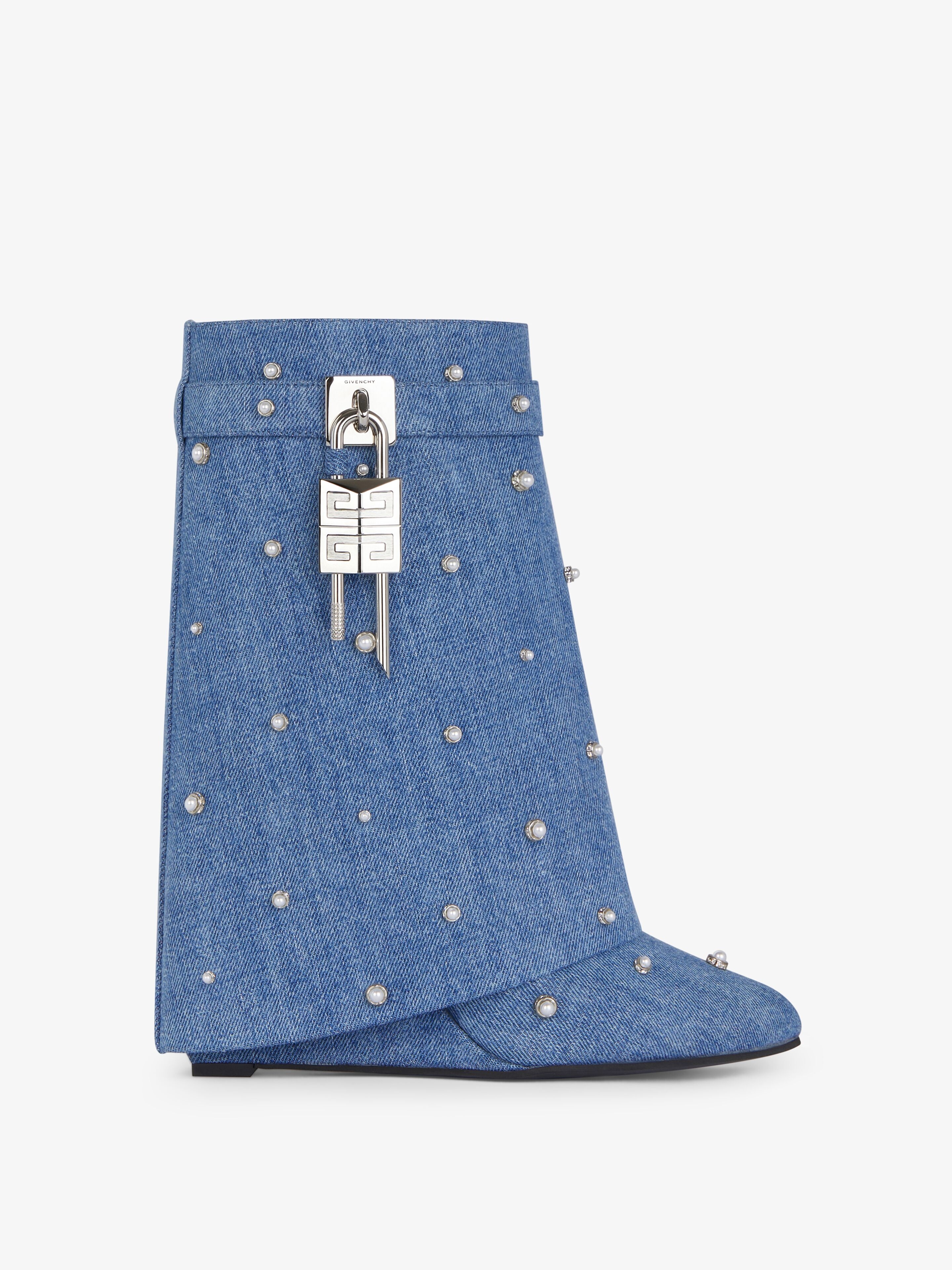 SHARK LOCK ANKLE BOOTS IN DENIM WITH PEARLS - 1
