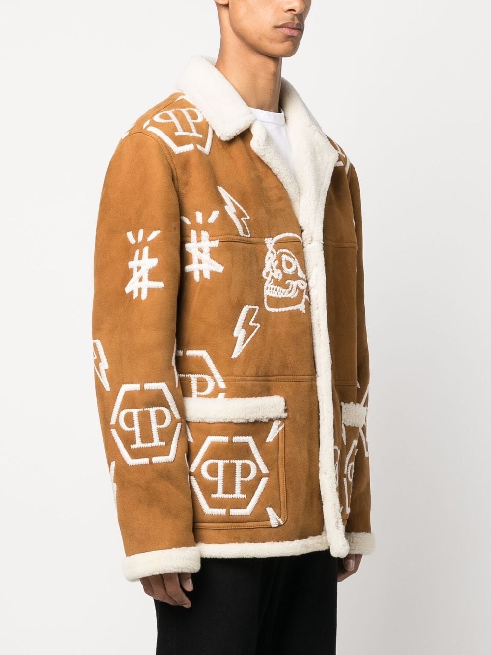 logo-embroidered suede coat - 3
