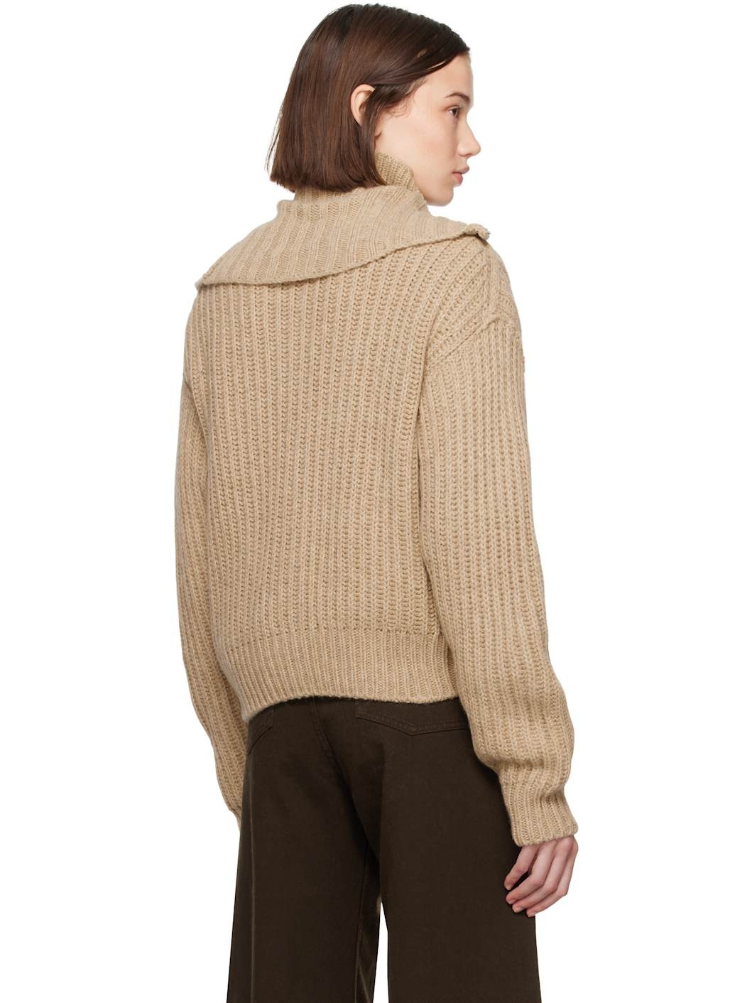 Beige Trucker Collar Zipped Cardigan - 3