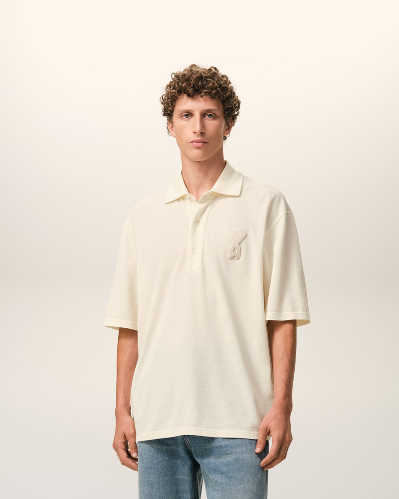 AMI Paris WHITE COTTON AMI DE COEUR KNITTED PATCH POLO outlook
