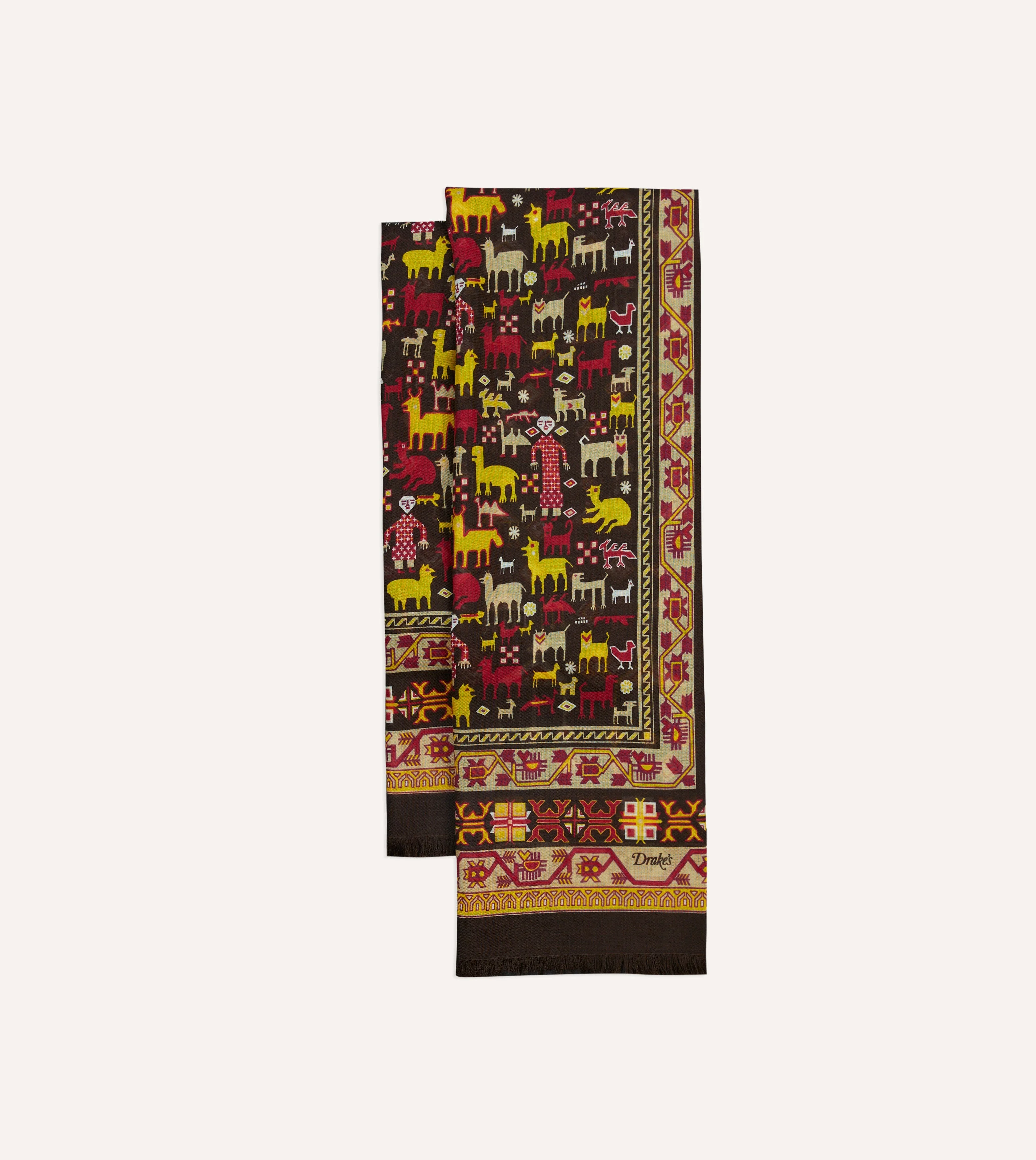 Brown Shaman Print Tubular Wool-Silk Scarf - 1