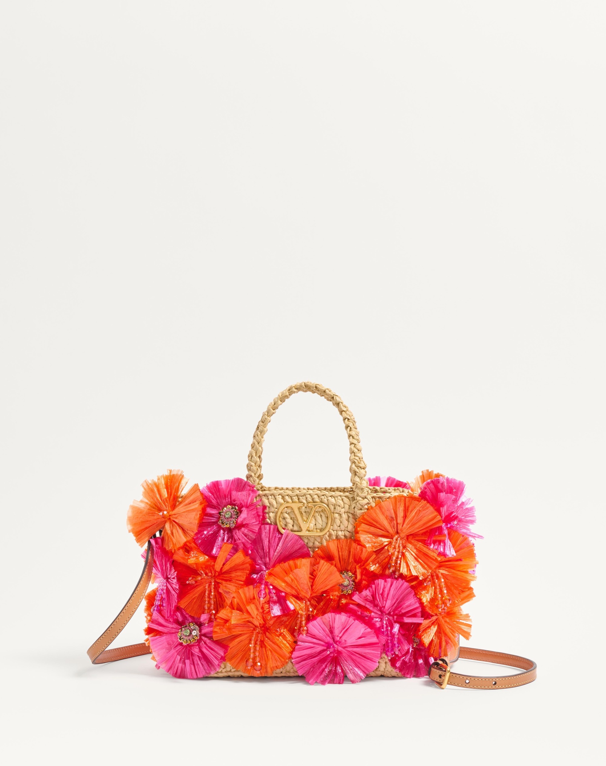 SMALL RAFFIA SHOPPING BAG WITH FLOWERS AND BEADS - 1