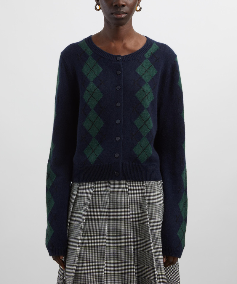 Reformation Clara Navy Argyle Cashmere Cardigan outlook