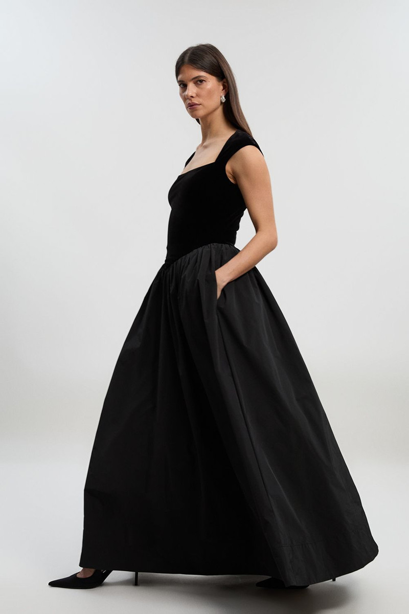 Velvet Bodice With Taffeta Drop Waist Maxi Dress 1