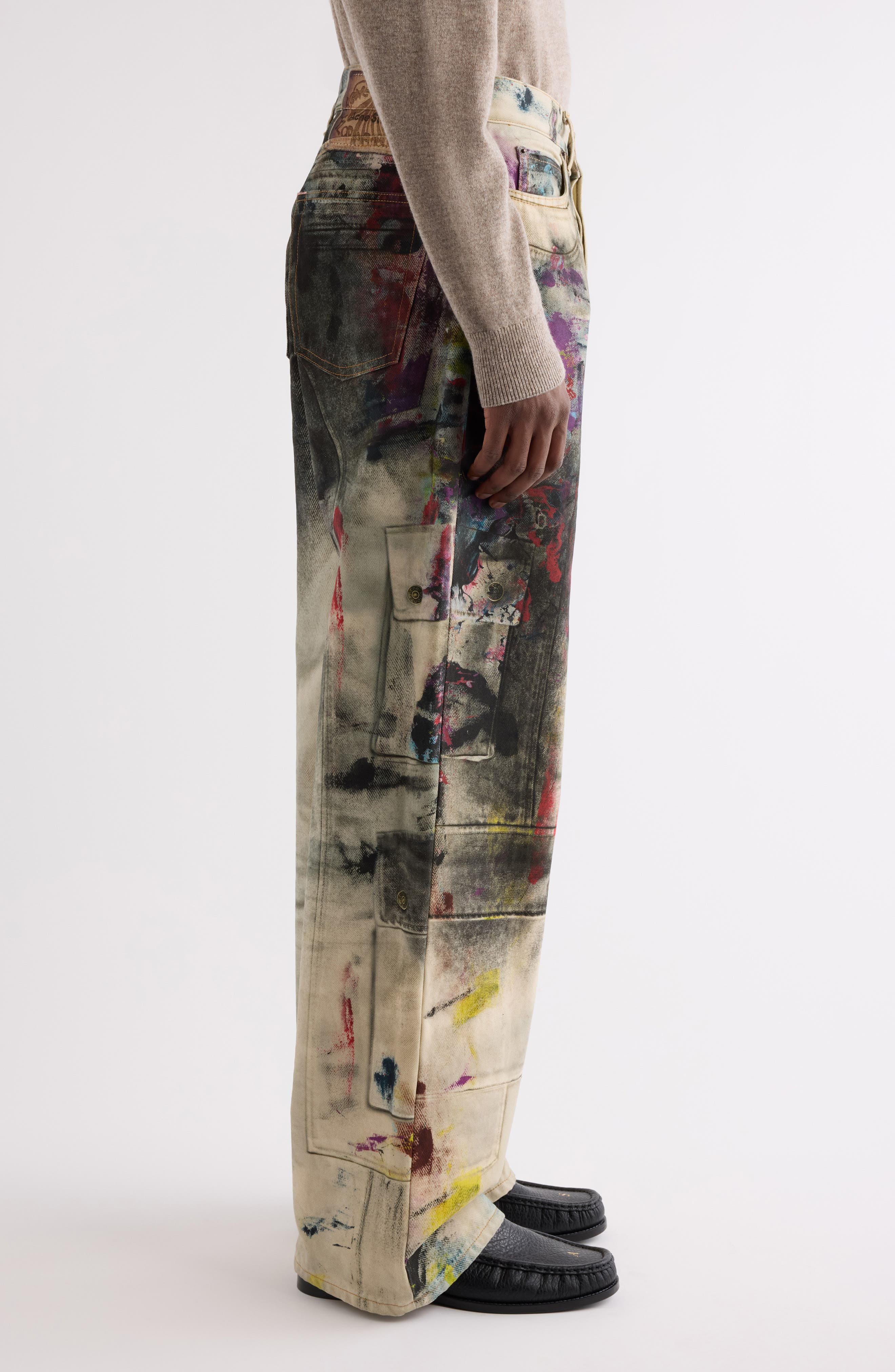 Acne Studios 1981 Paint Print Trompe l'Oeil Wide Leg Jeans in White/Multi at Nordstrom - 4