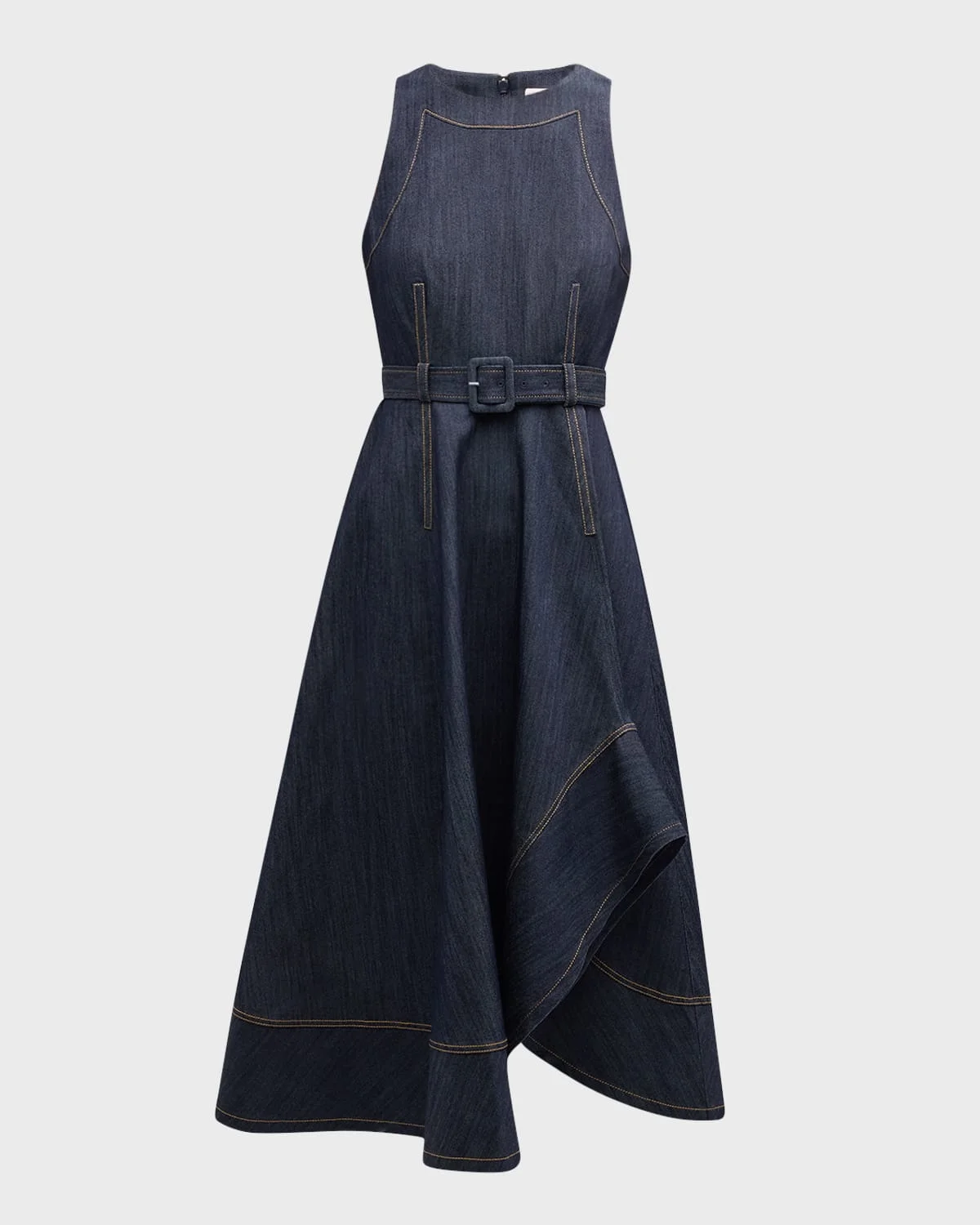 Zelda Belted Asymmetric Sleeveless Denim Midi Dress - 1