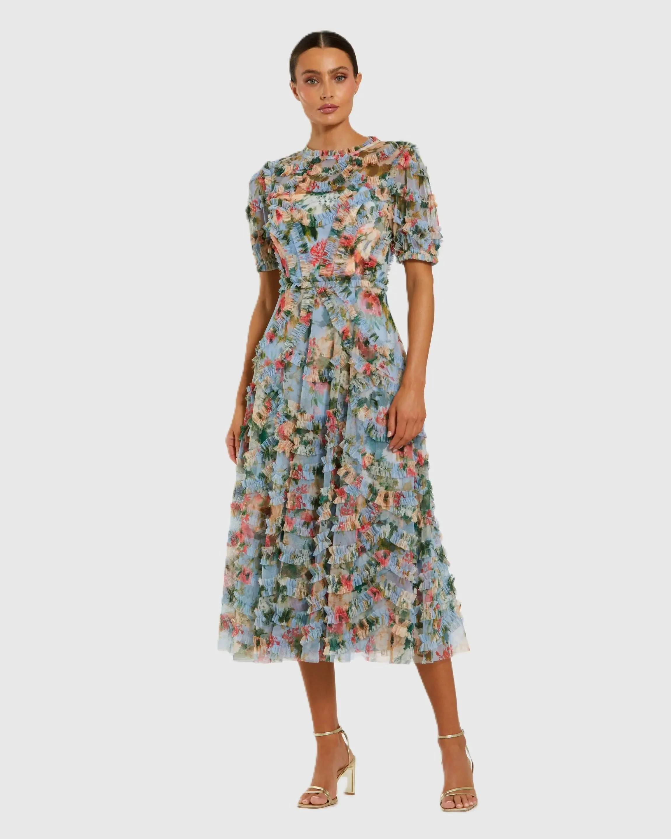 Blue Floral Mesh Ruffle High Neck Midi Dress - 1