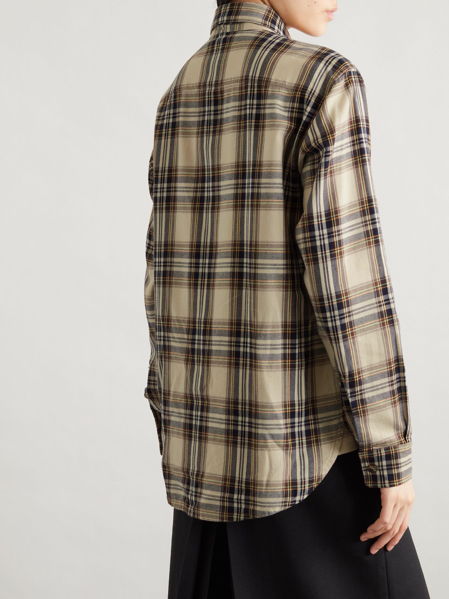 Pussy-bow checked cotton-blend shirt Beige - 4