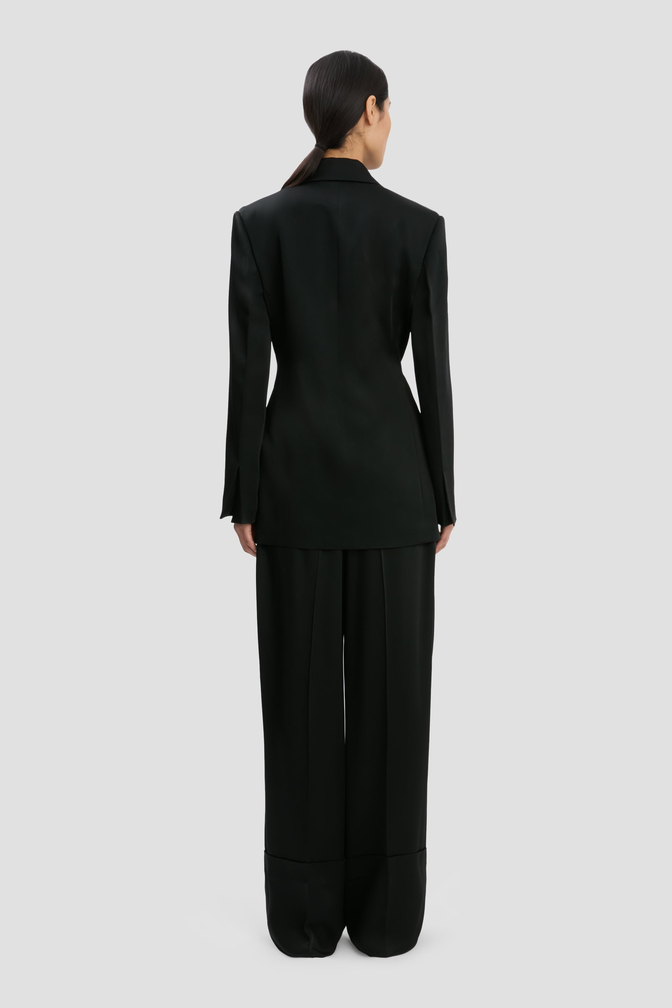 Wide Leg Turn-Up Trouser In Black - 4