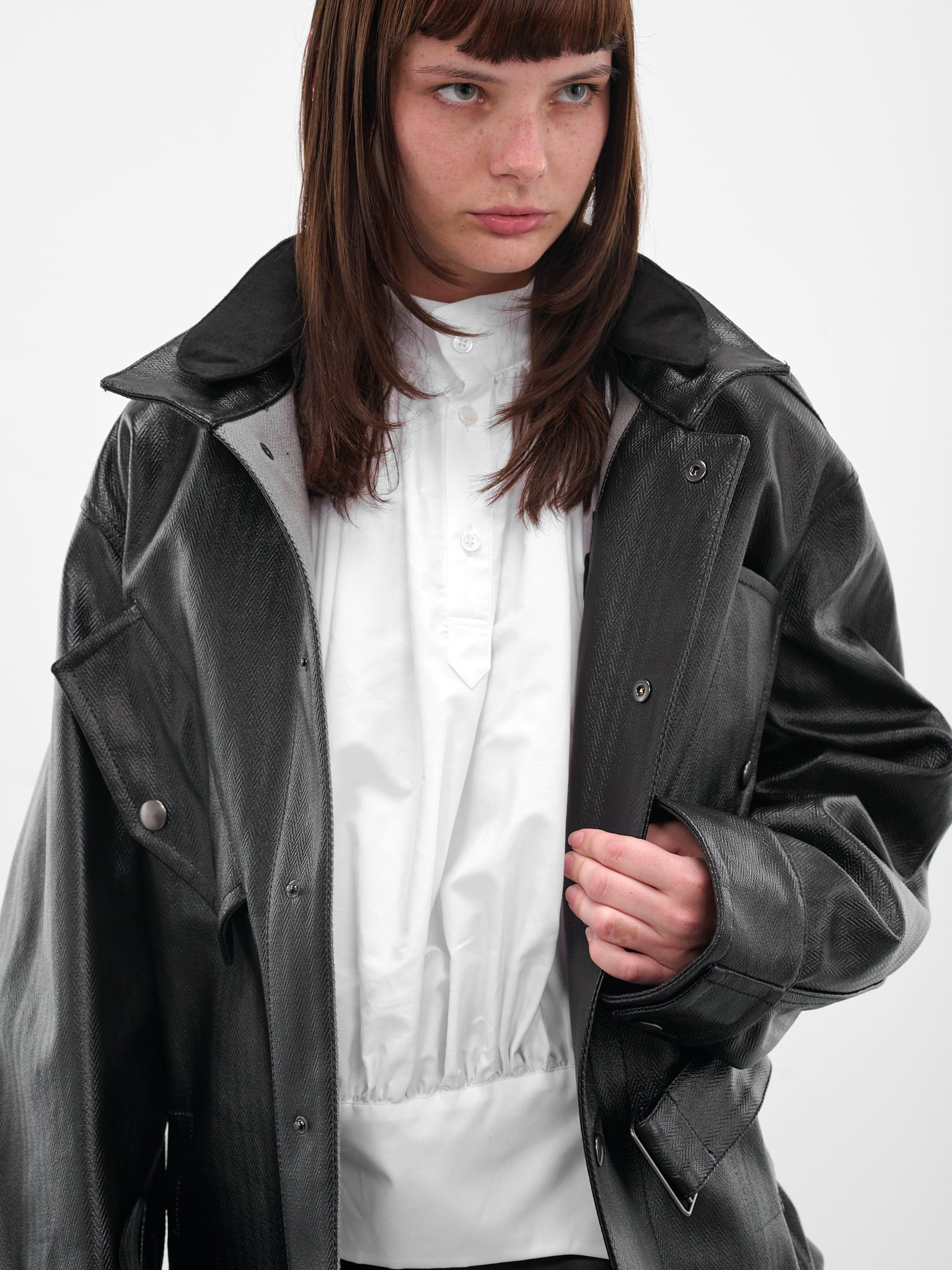 Black Laminated Cotton Belted Jacket - 5